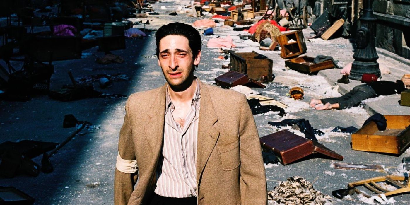 Adrien Brody as Władysław Szpilman crying while walking down a destoryed street in The Pianist