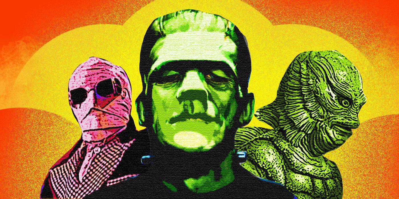 The invisible man, Frankenstein, and the creature from the black lagoon against an orange background