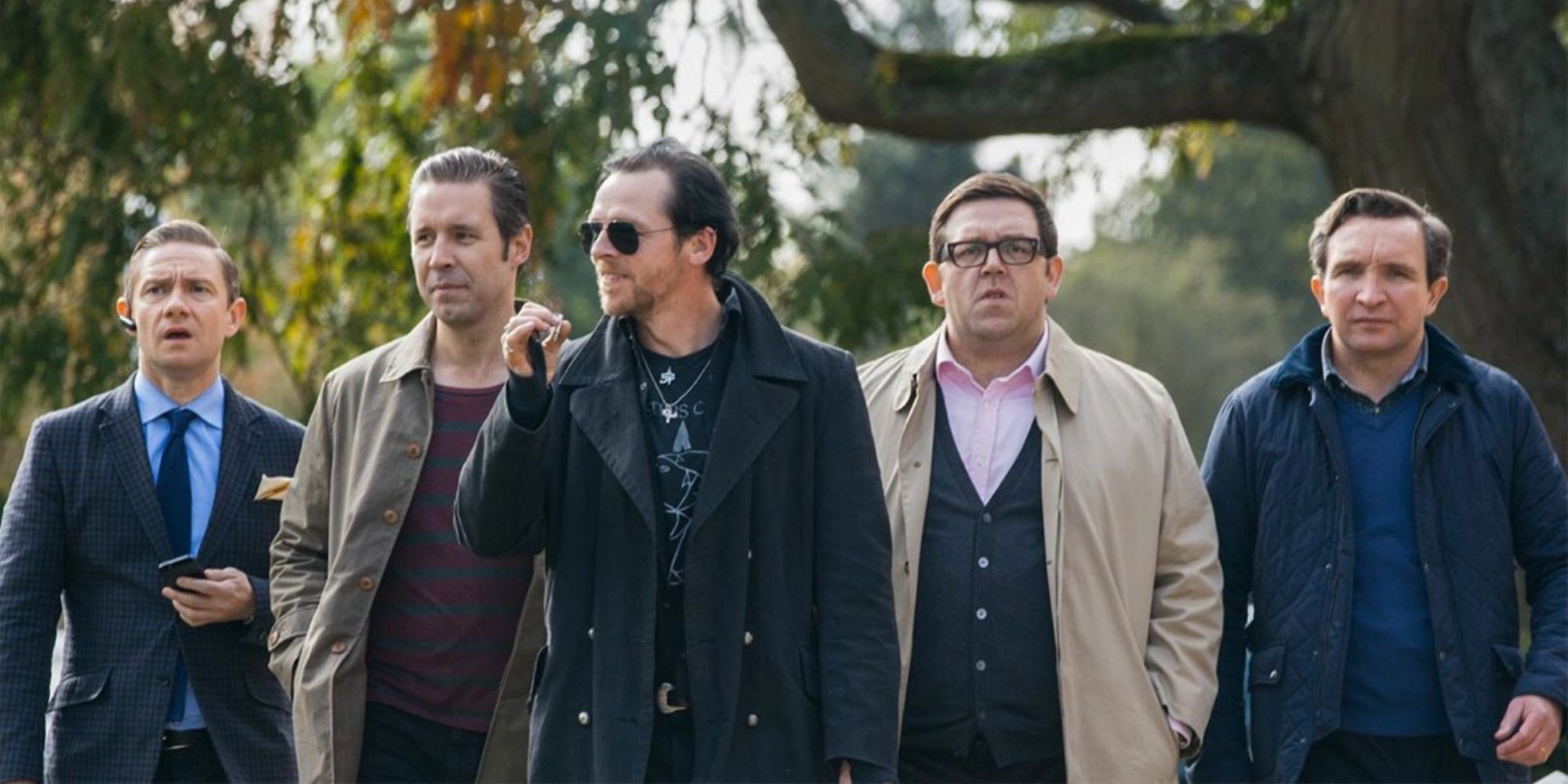 Five protagonists of The World's End walking 