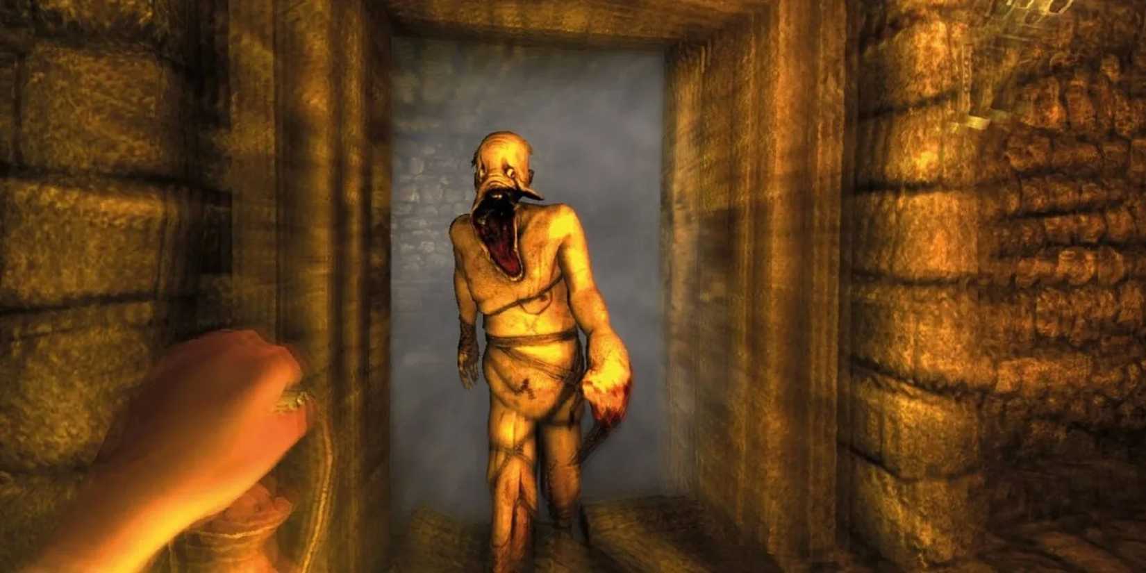 The monster closes in on the hero, who holds nothing but a lantern in defence