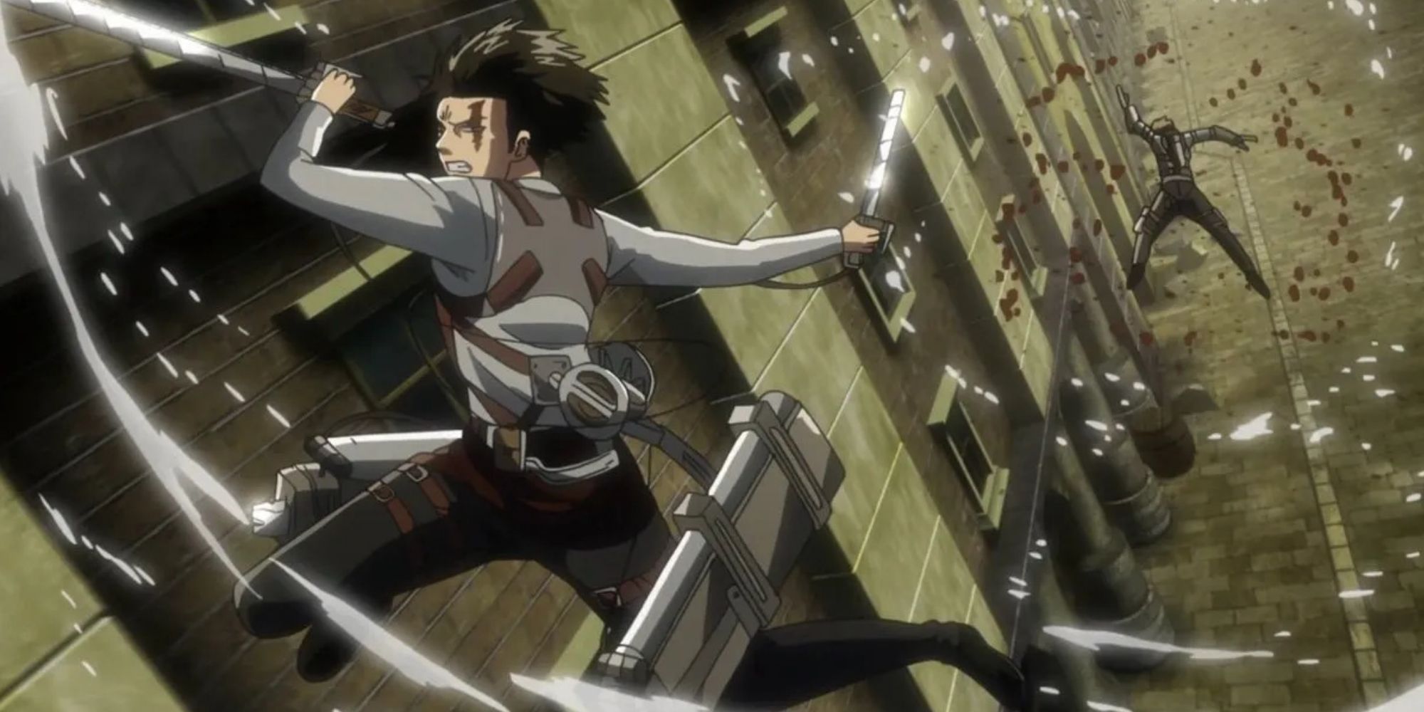 Eren Yeager usando suas espadas de manobra no anime 'Attack on Titan'