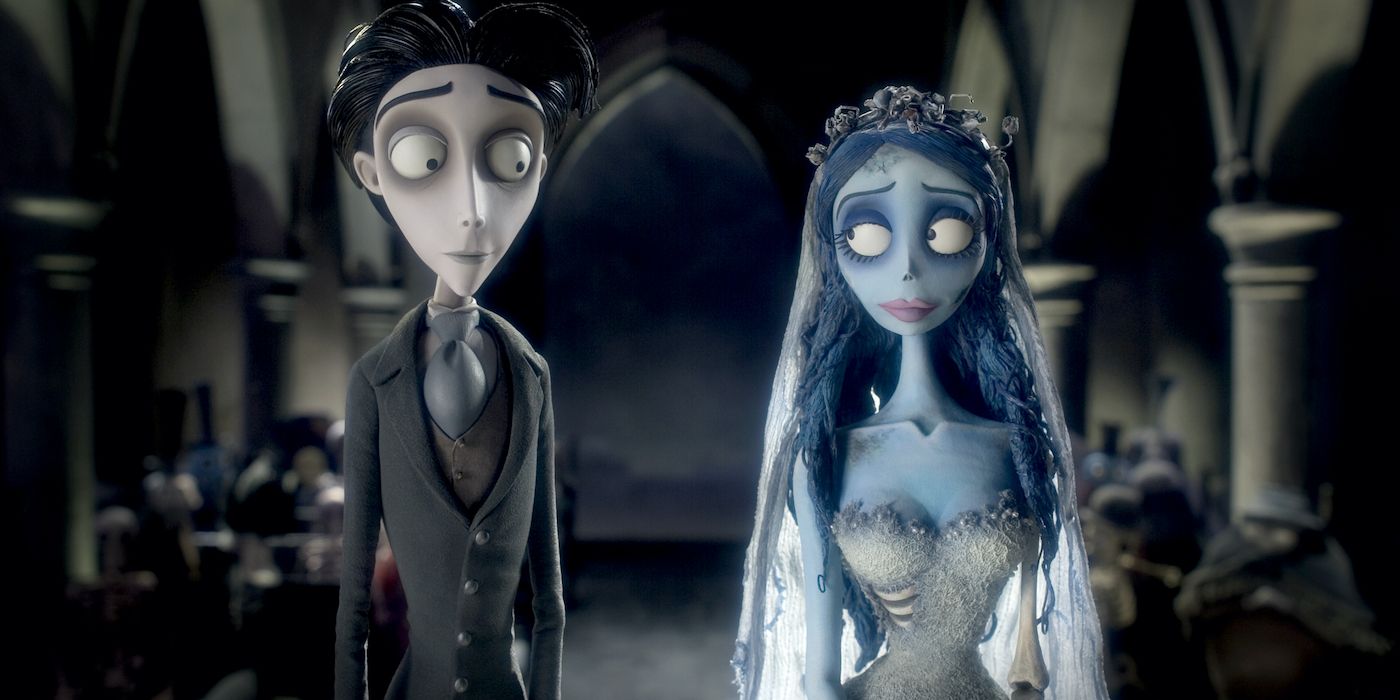 Victor (Johnny Depp) and Emily (Helena Bonham Carter) shyly looking at each other in Tim Burton's Corpse Bride