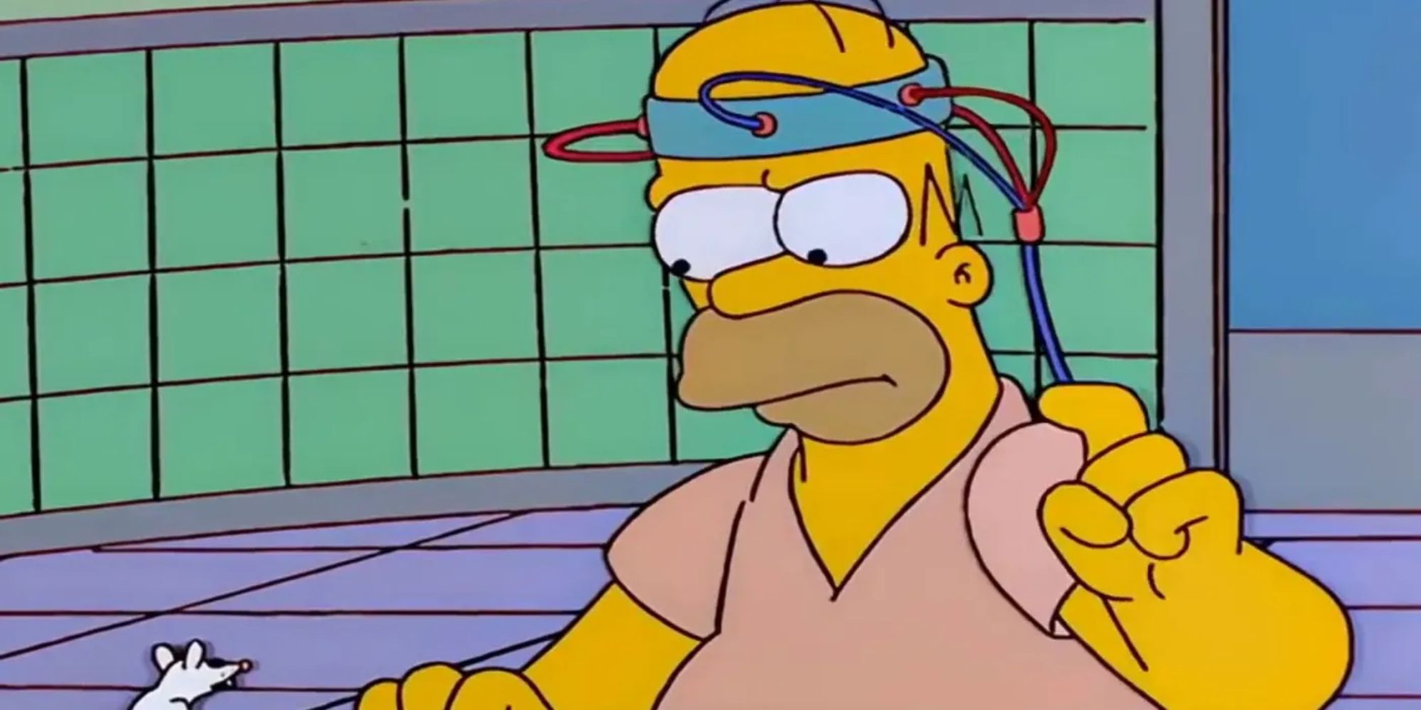 Homer effectue un test neurologique sur un rat de laboratoire.