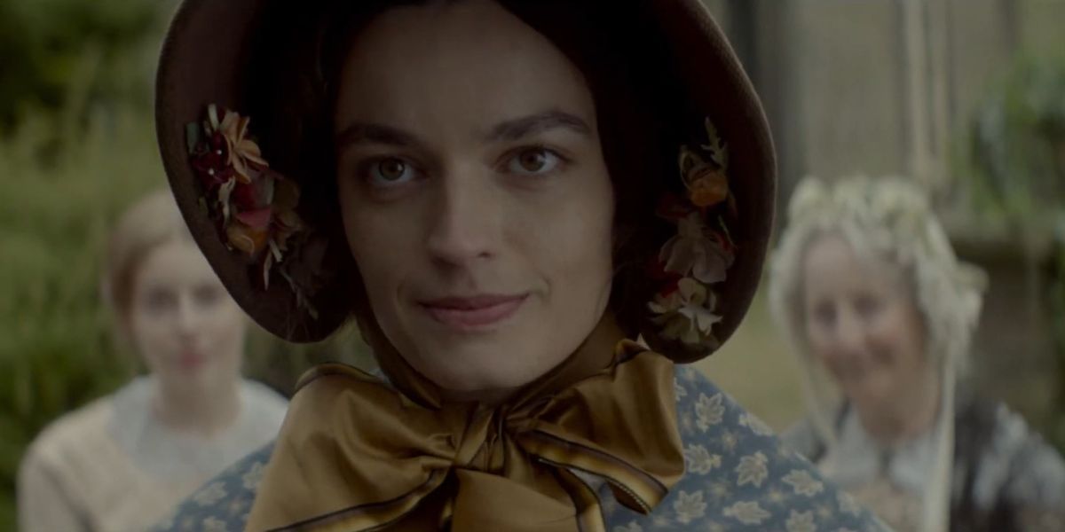 An close up shot of Emma Mackey as Emily Bronte in Emily 