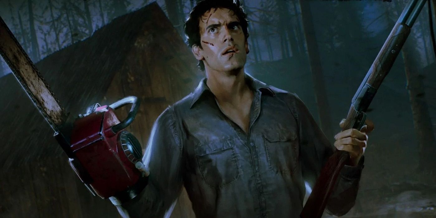 Ash Williams (Bruce Campbell) with a shotgun and chainsaw hand in 'The Evil Dead'