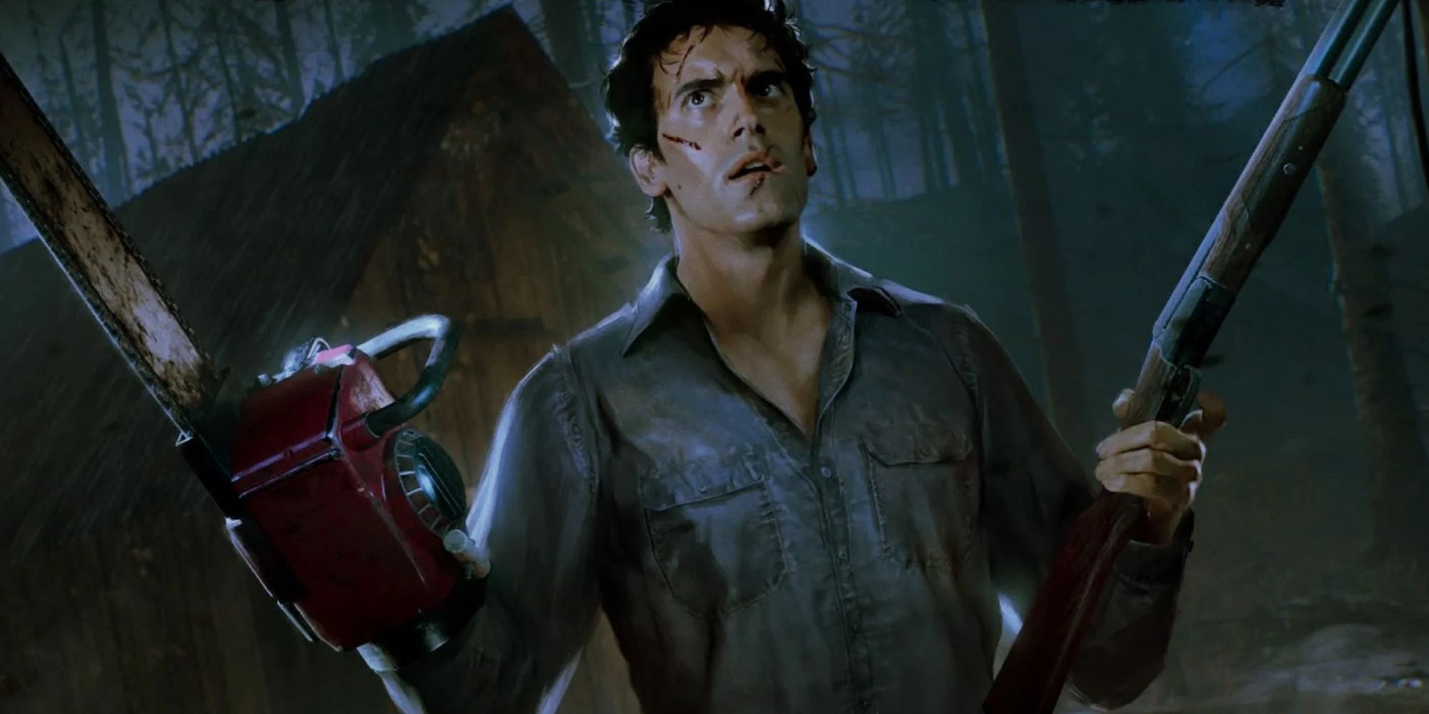 Ash Williams com uma espingarda e uma serra elétrica em 'The Evil Dead'