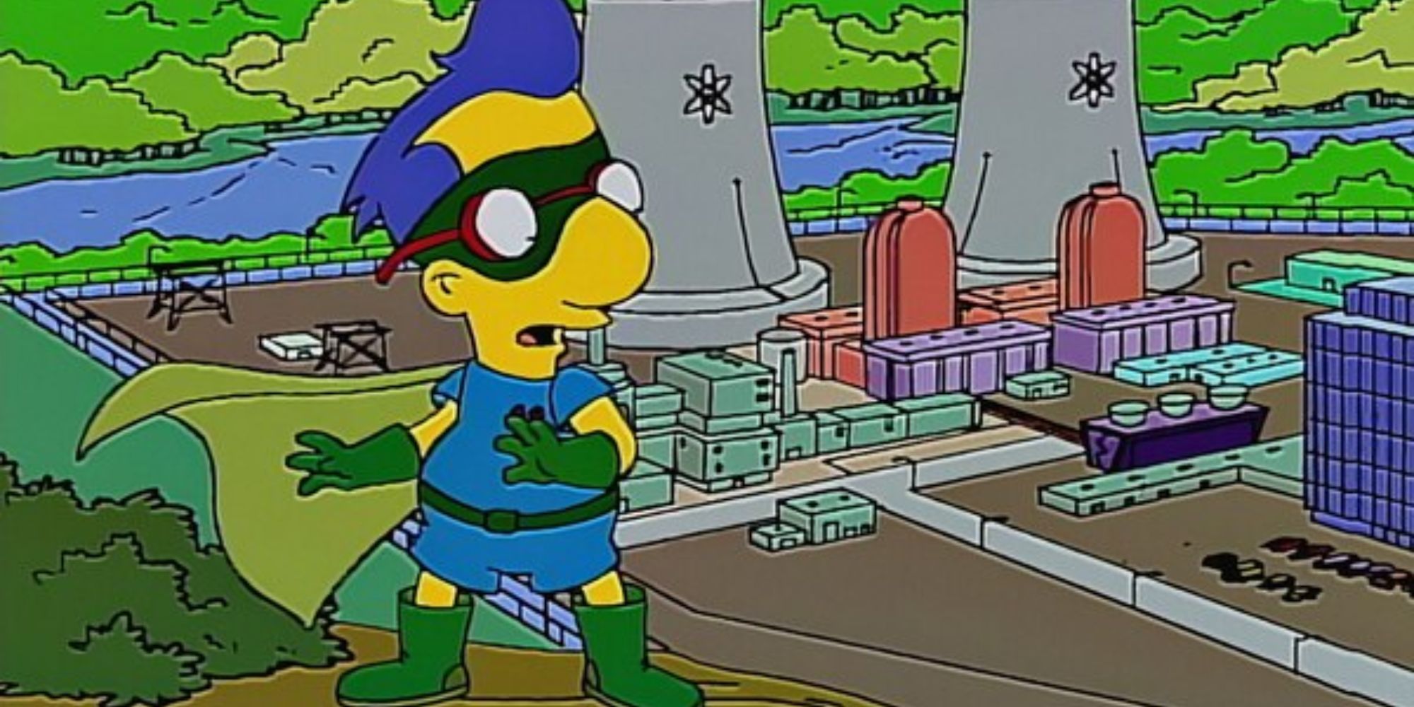 Milhouse, déguisé en Fallout Boy, fuit la ville de Springfield.