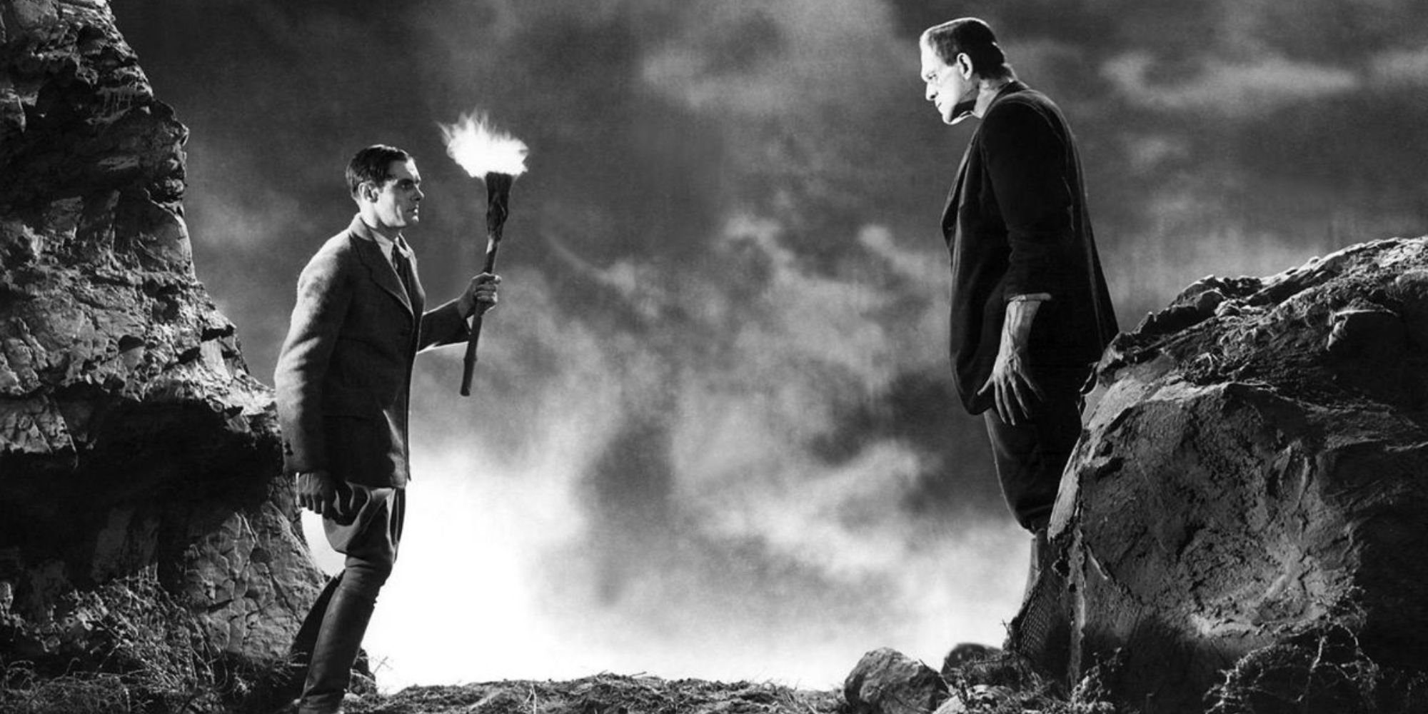 frankenstein and a man with a torch