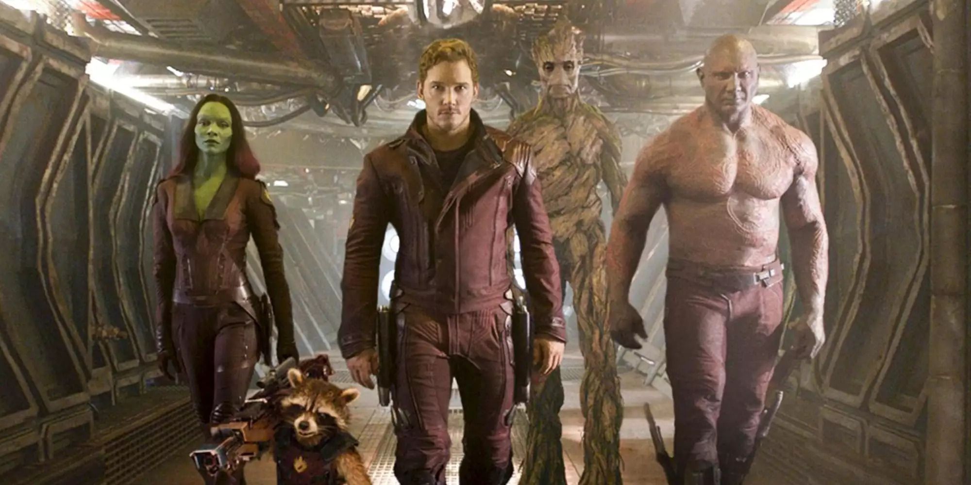 The guardians in their red uniform from 'Guardians of the Galaxy'