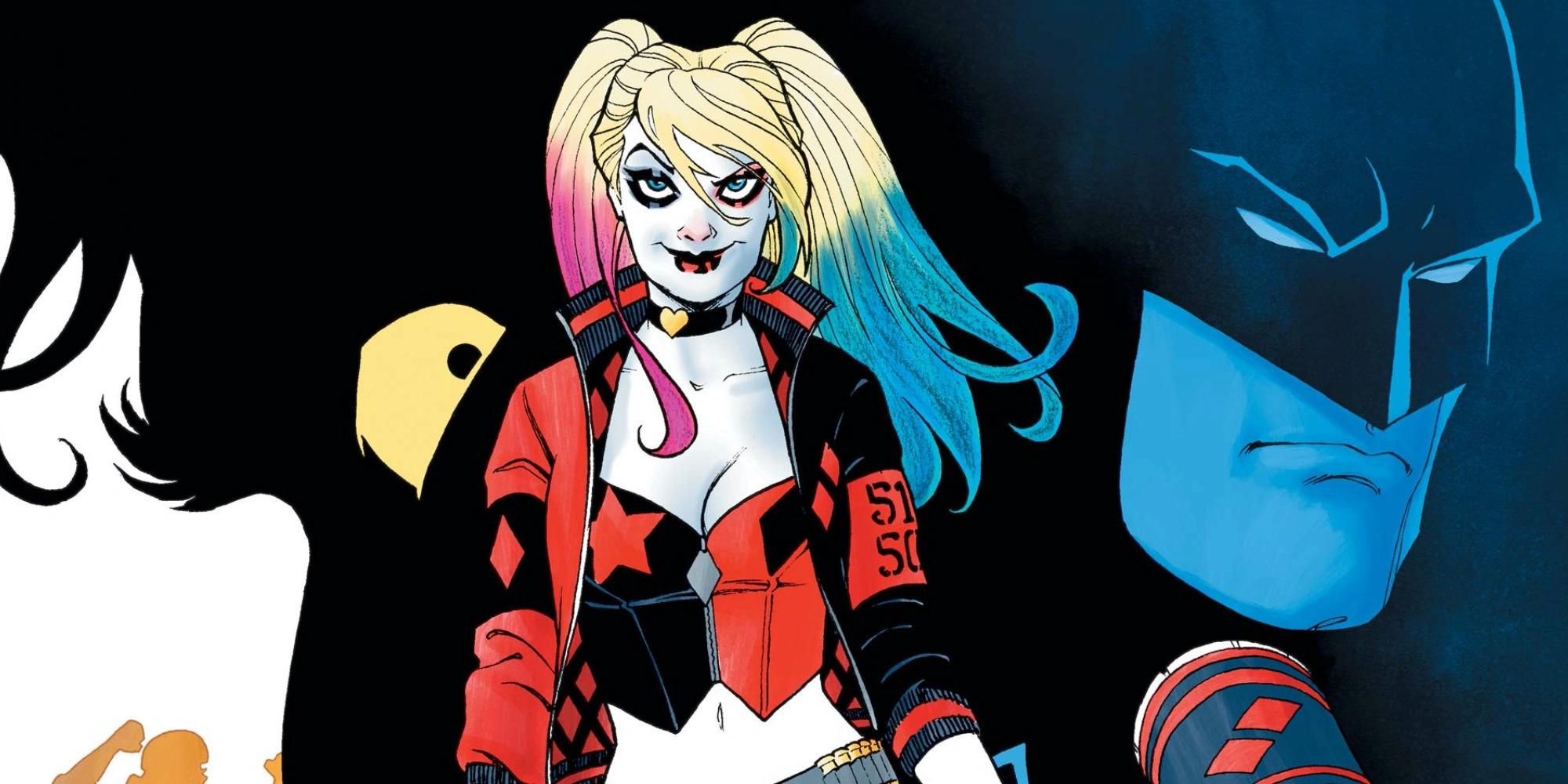 DC's Harley Quinn comic book appearance in front of Batman head