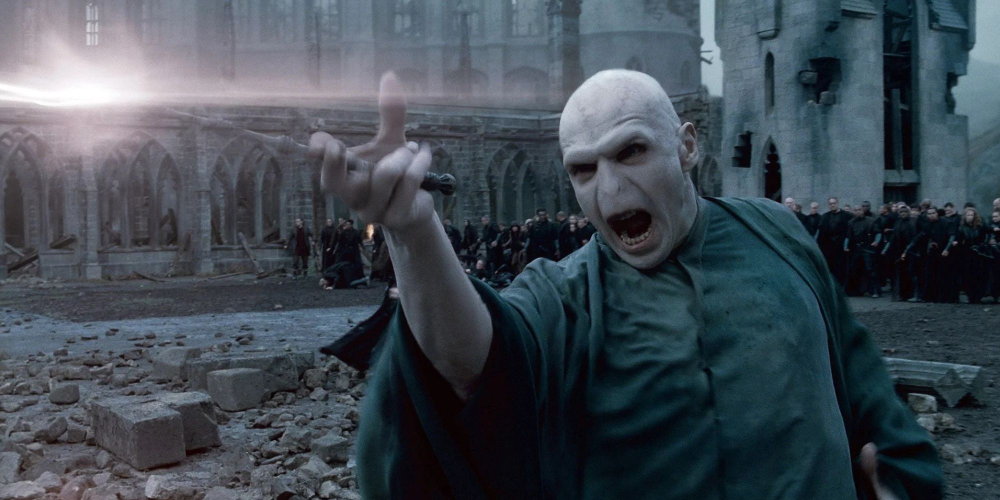 Voldemort (Ralph Fiennes) using the Elder Wand at the Battle of Hogwarts in 'Harry Potter and the Deathly Hallows: Part 2'