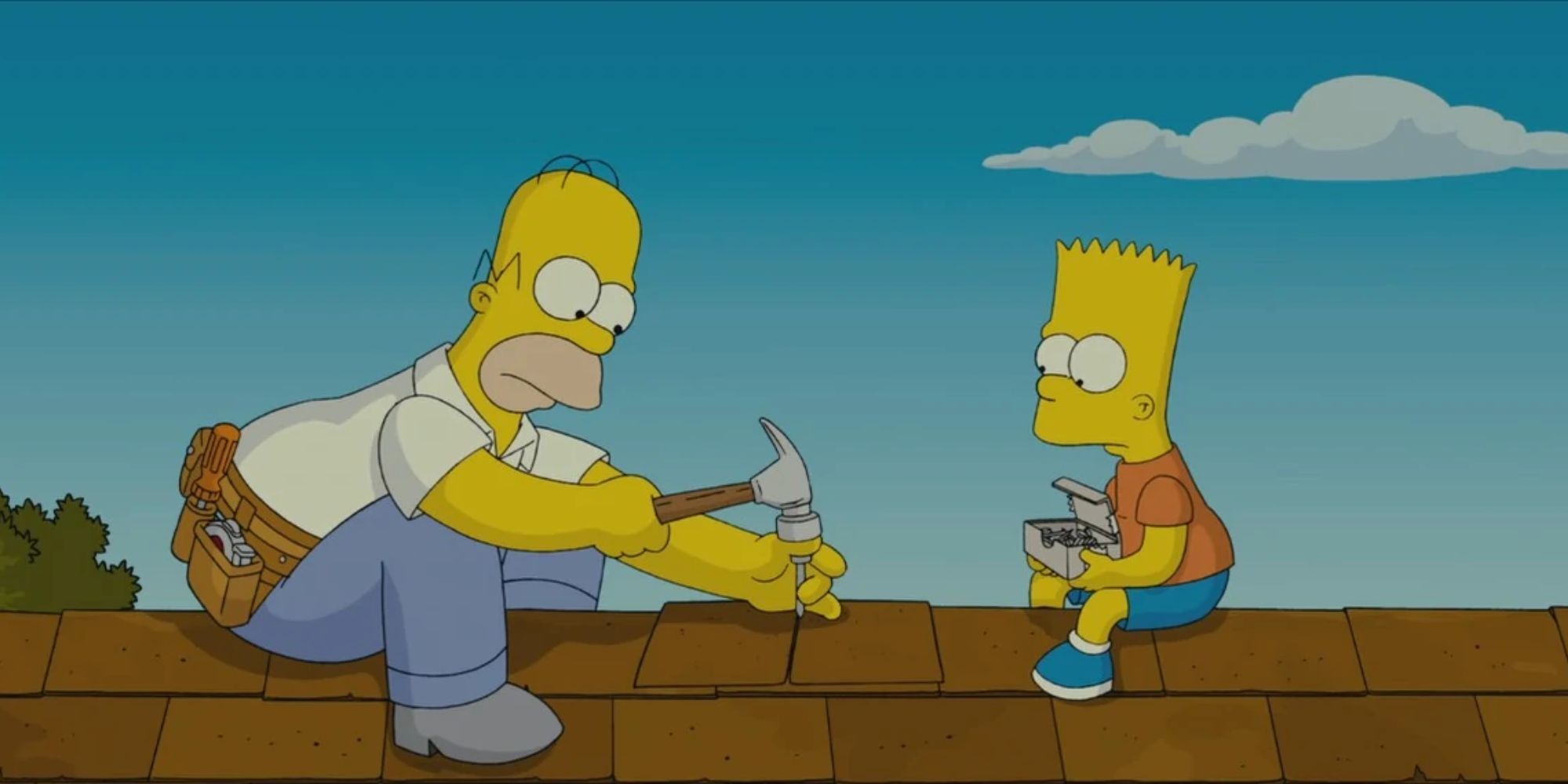 Homer and Bart attempt to re-shingle their roof