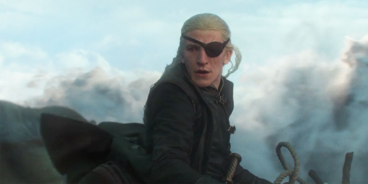 Ewan Mitchell as Aemond Targaryen, surrounded by smoke in House of the Dragon