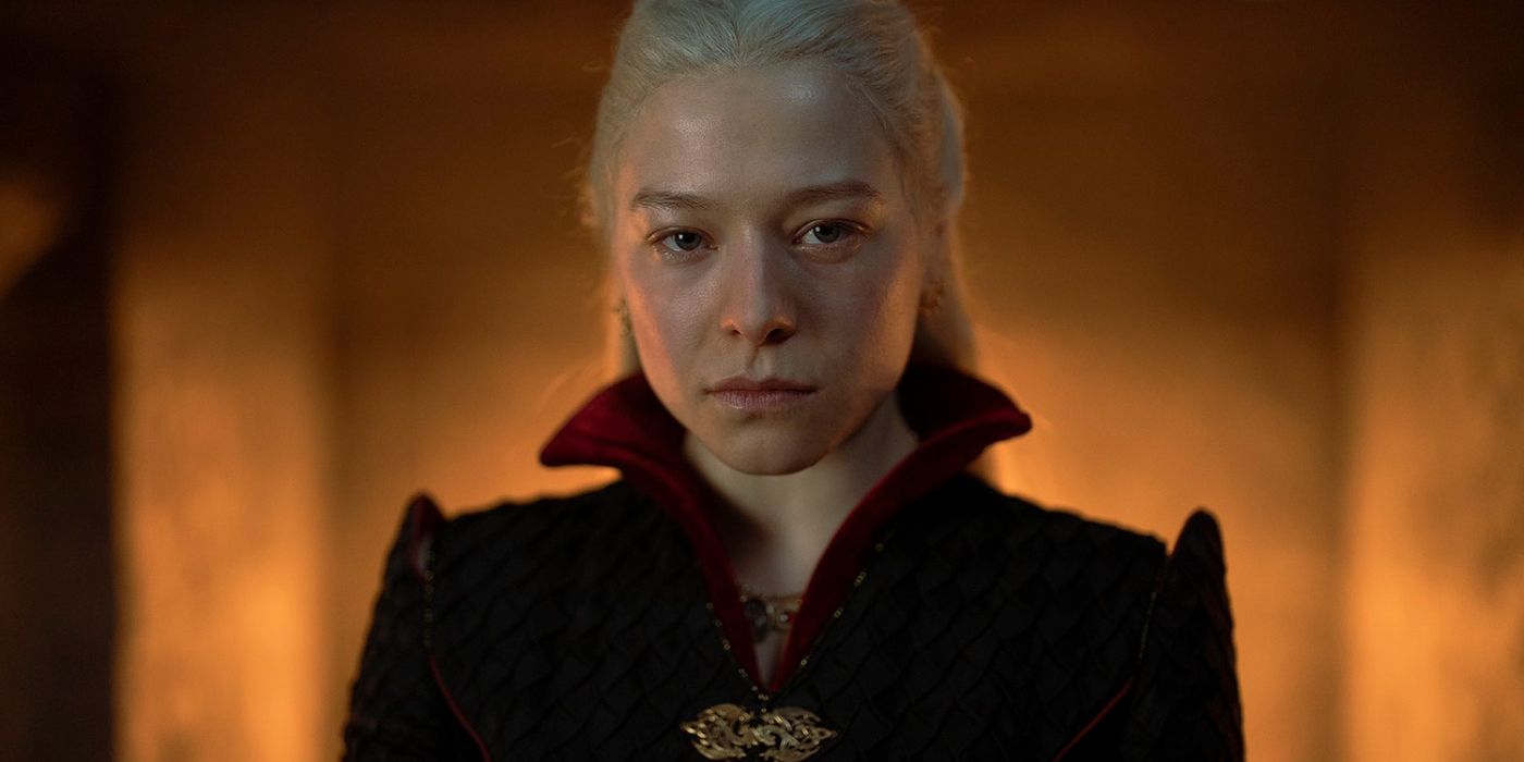 Emma D'Arcy as Rhaneyra Targaryen looking up in rage and grief at the camera in House of the Dragon.