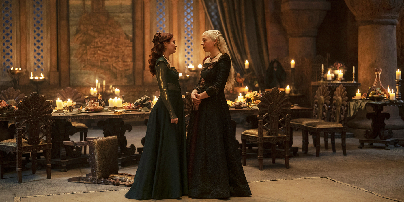 Alicent (Olivia Cooke) and Rhaenyra (Emma D'Arcy) talk in 'House of the Dragon'