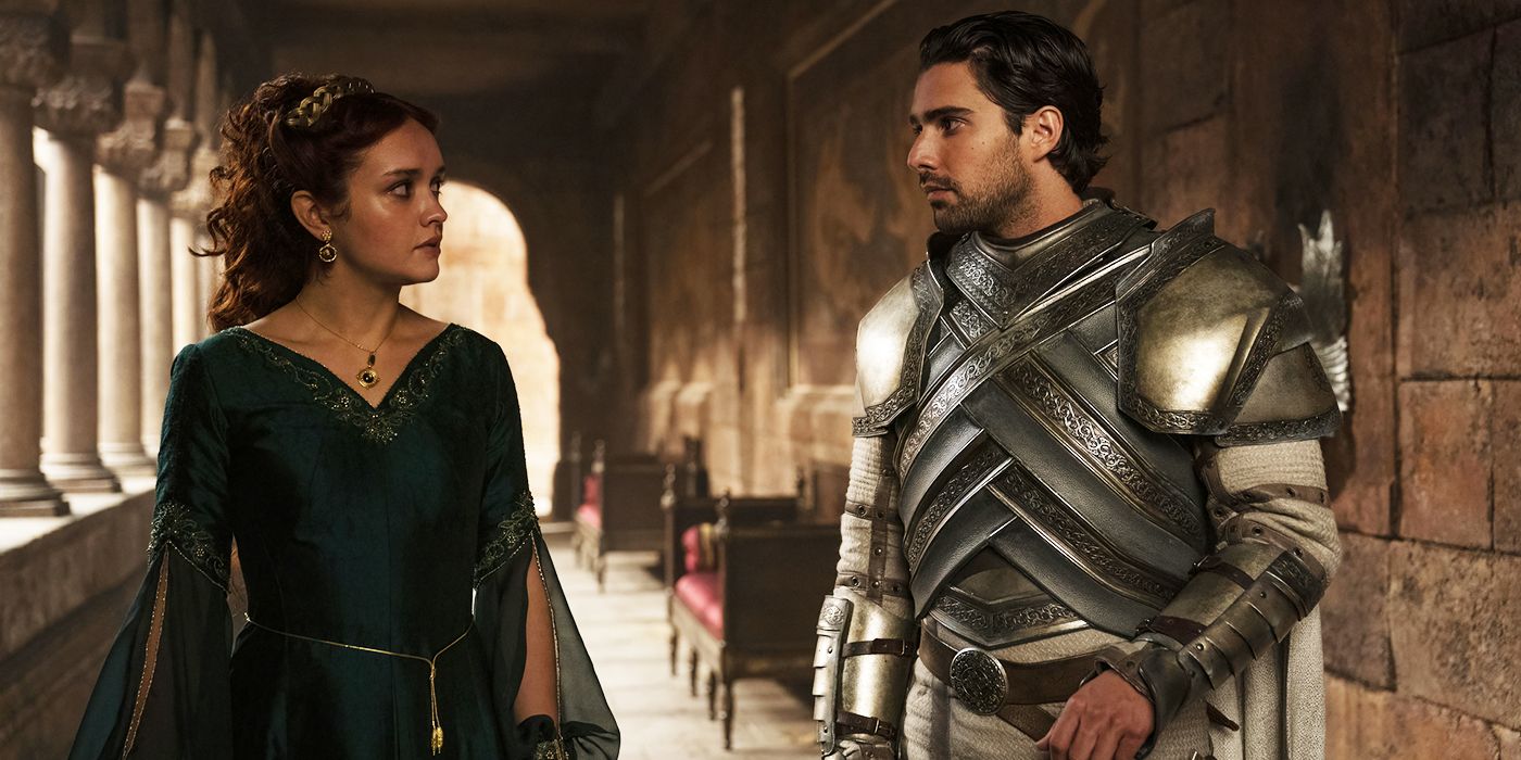 Olivia Cooke as Alicent Hightower walking with Fabien Frankel as Criston Cole in House of the Dragon 