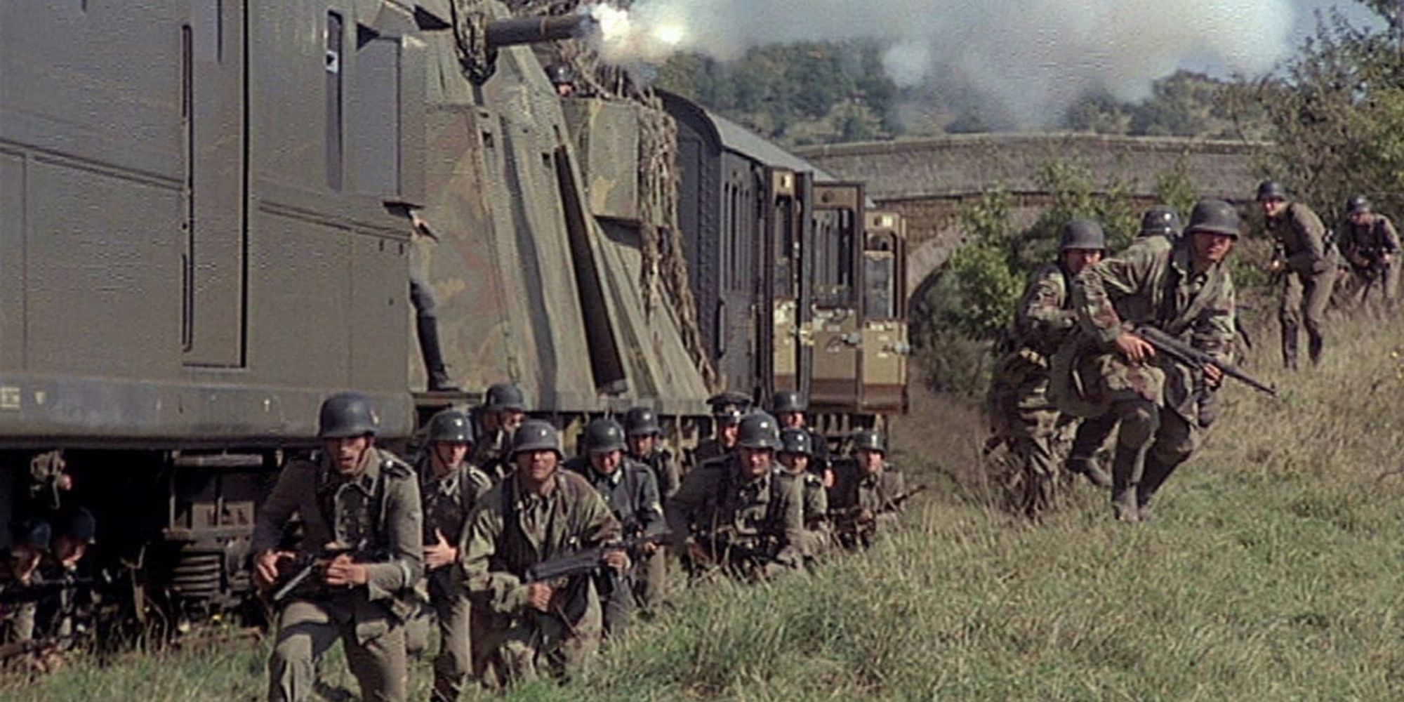 Soldiers disembark from an armoured train