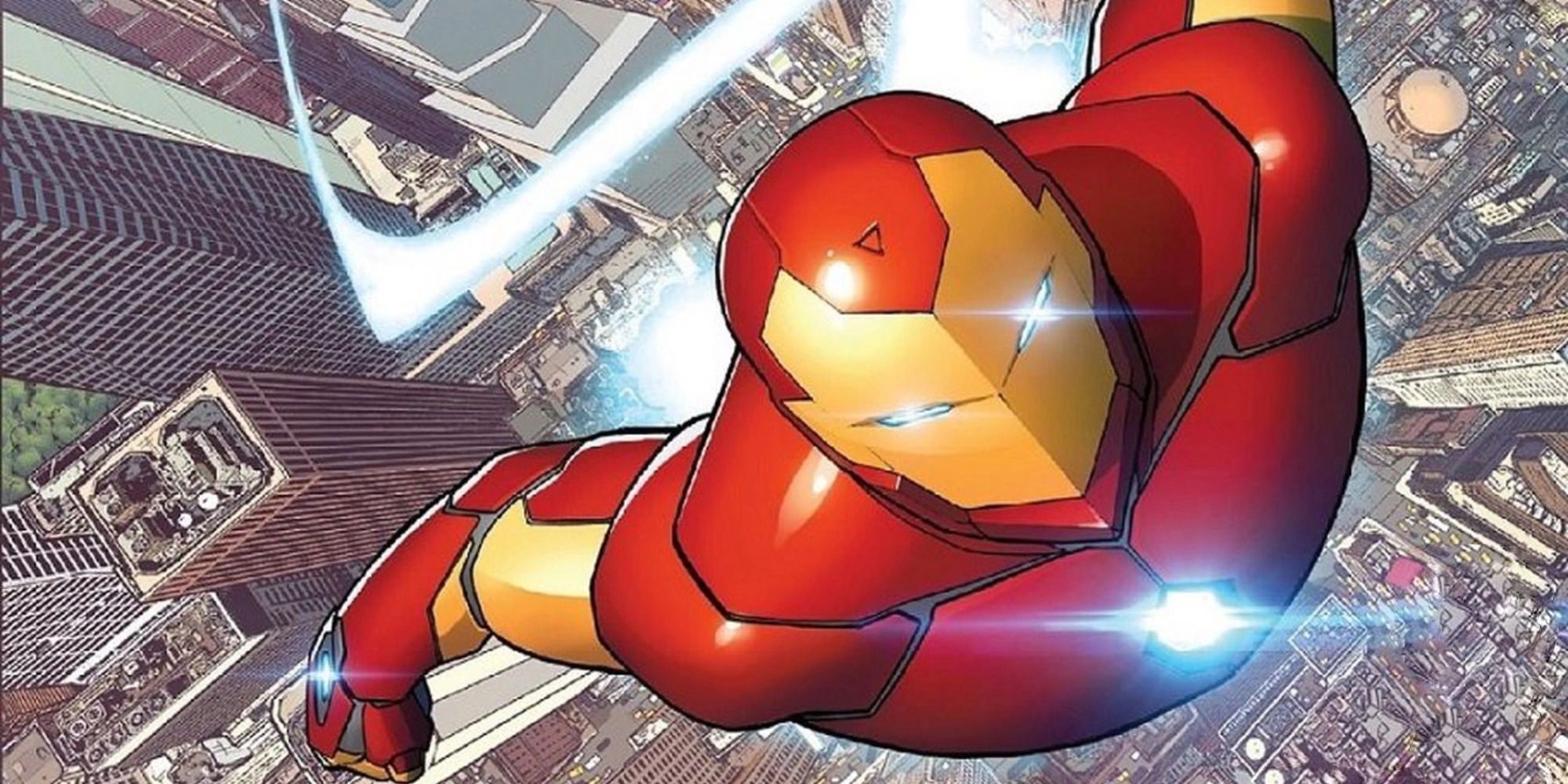 Iron Man flying above city
