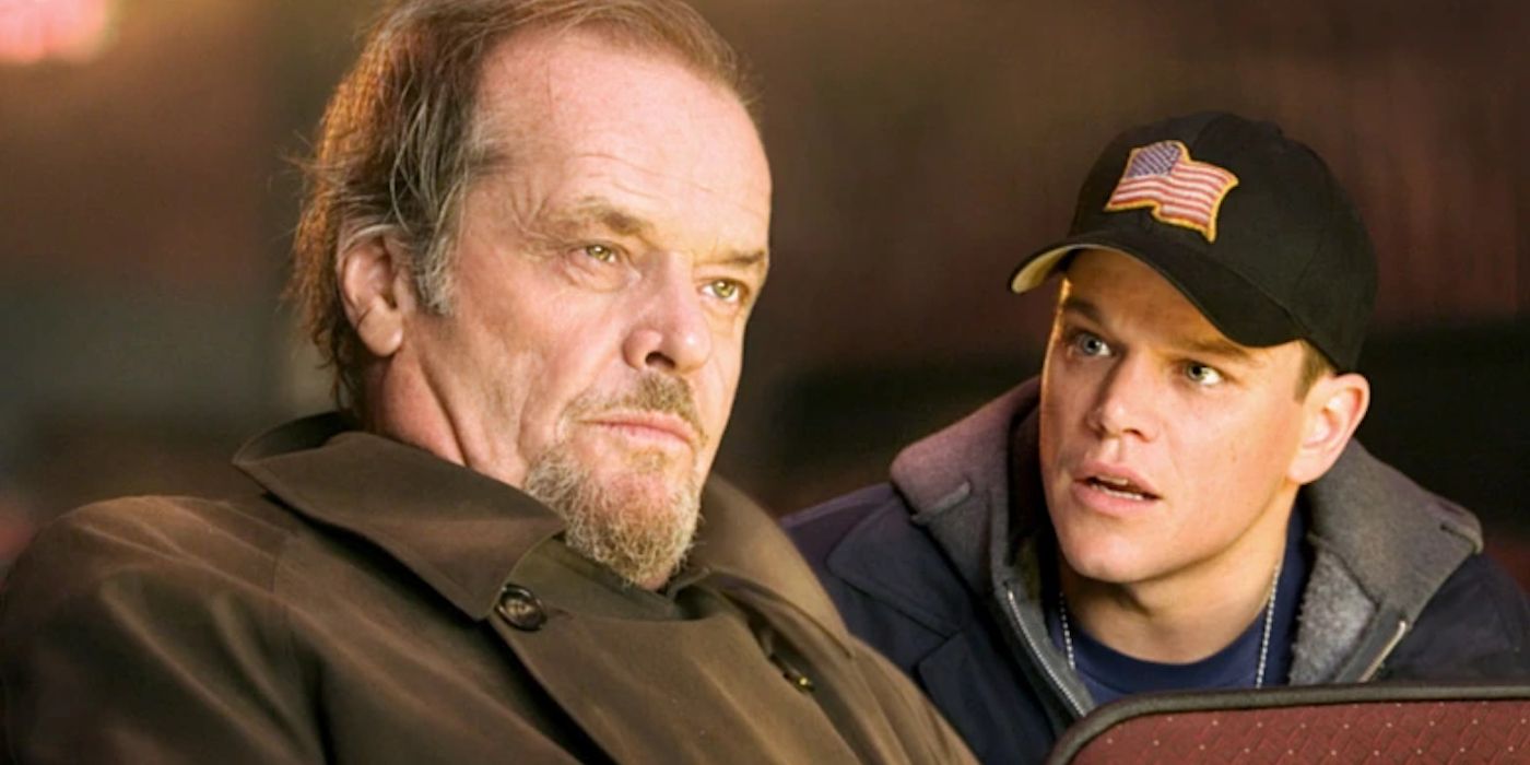 Jack Nicholson as Frank Costello in a conversation with Matt Damon as Colin Sullivan in The Departed