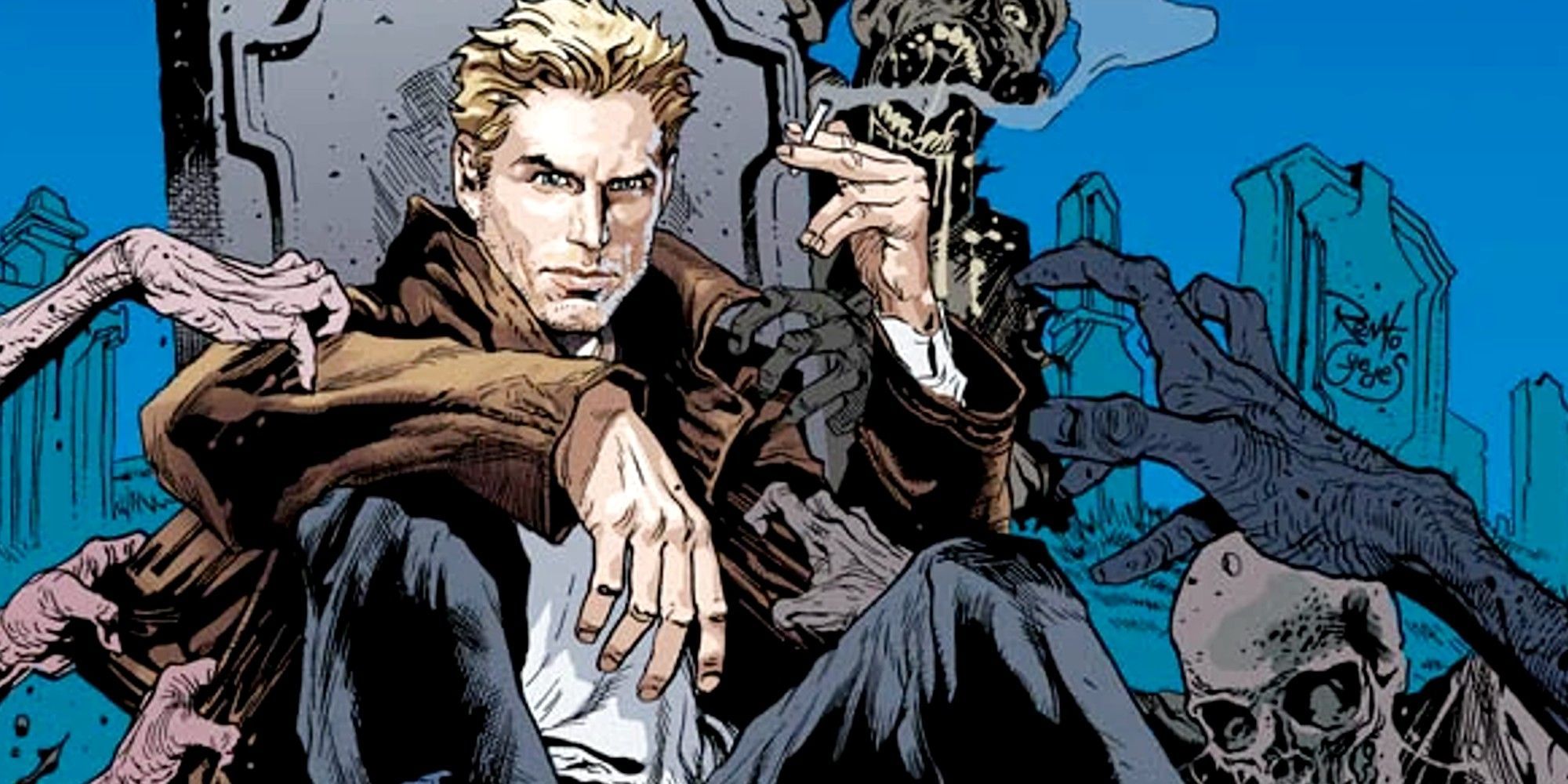 John Constantine smoking next to a headstone being grabbed by zombie hands