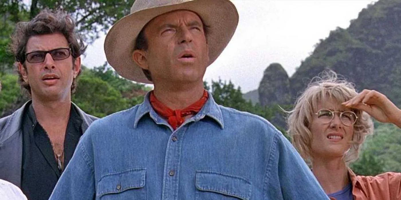 Jeff Goldblum as Dr. Ian Malcolm, Sam Neill as Dr. Alan Grant, and Laura Dern as Dr. Ellie Sattler in Jurassic Park