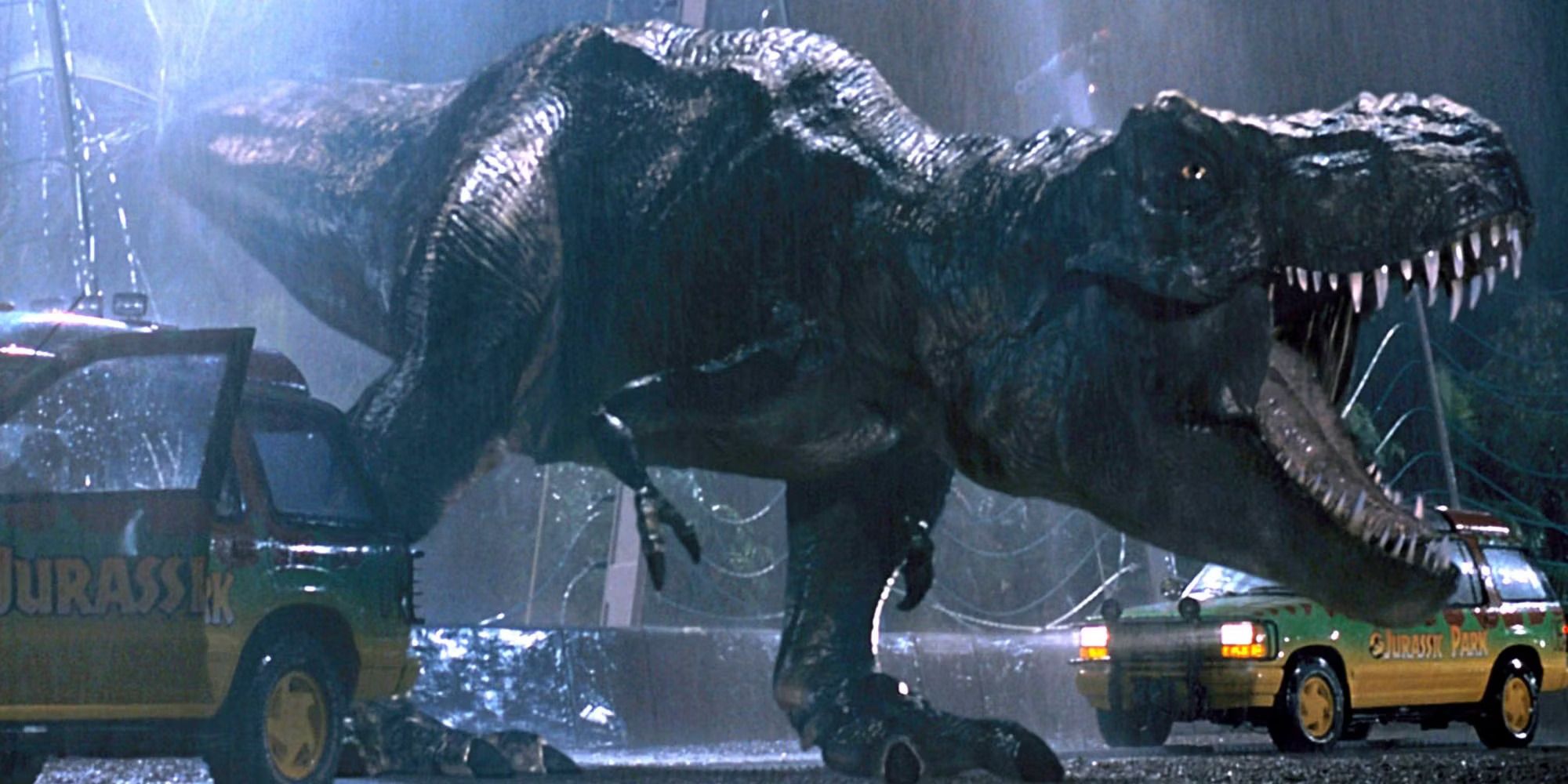 The T. Rex attack in 'Jurassic Park'