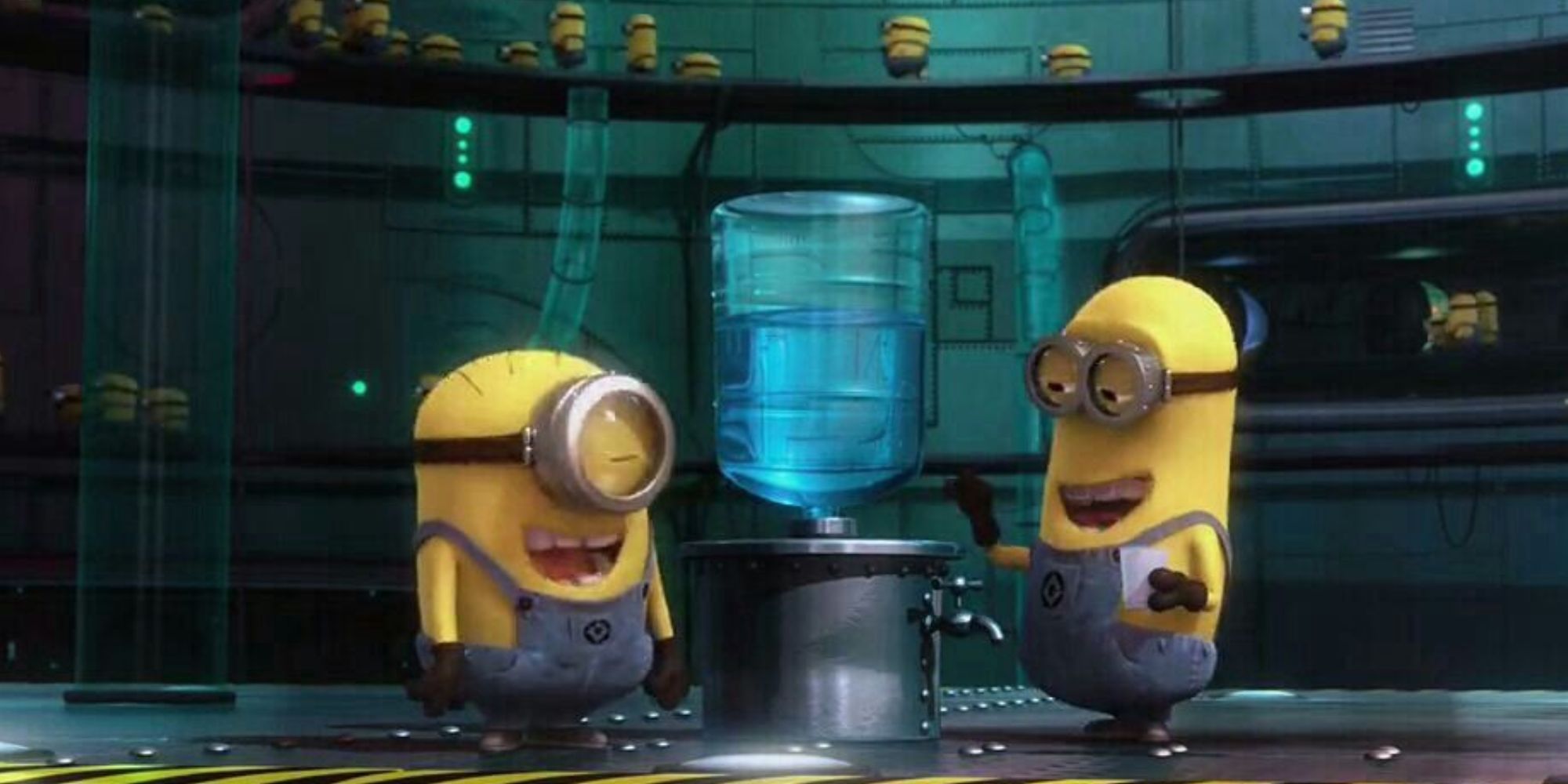 Two minions hang out by a water cooler and giggle at the bubbling noises it makes