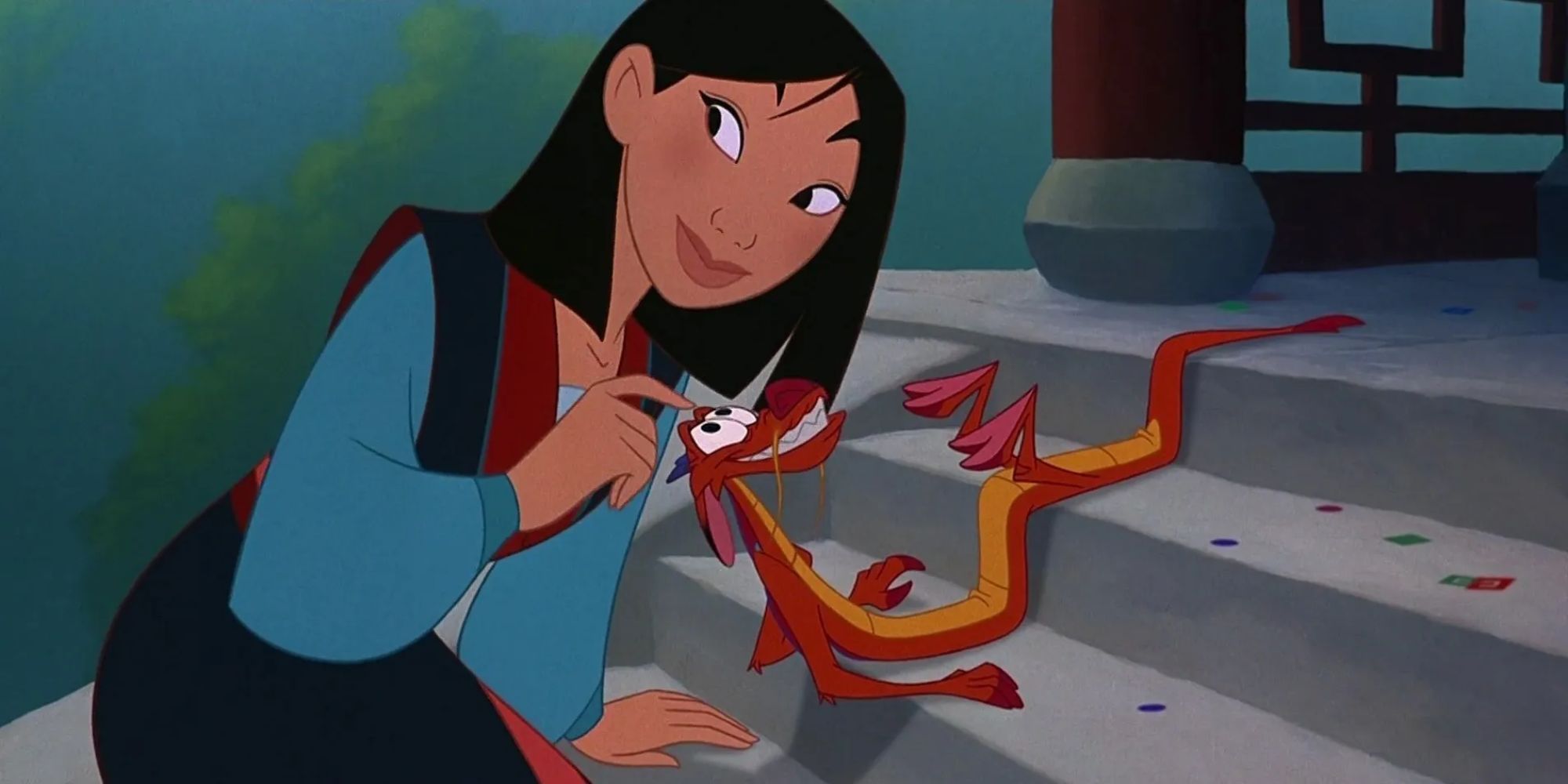 Mulan affectionately strokes Mushu's head as they lay on the steps of a shrine