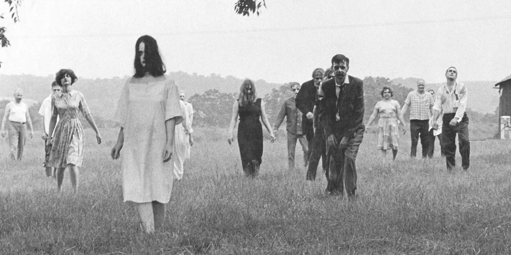 Zombies approach in a field in Night of the Living Dead.