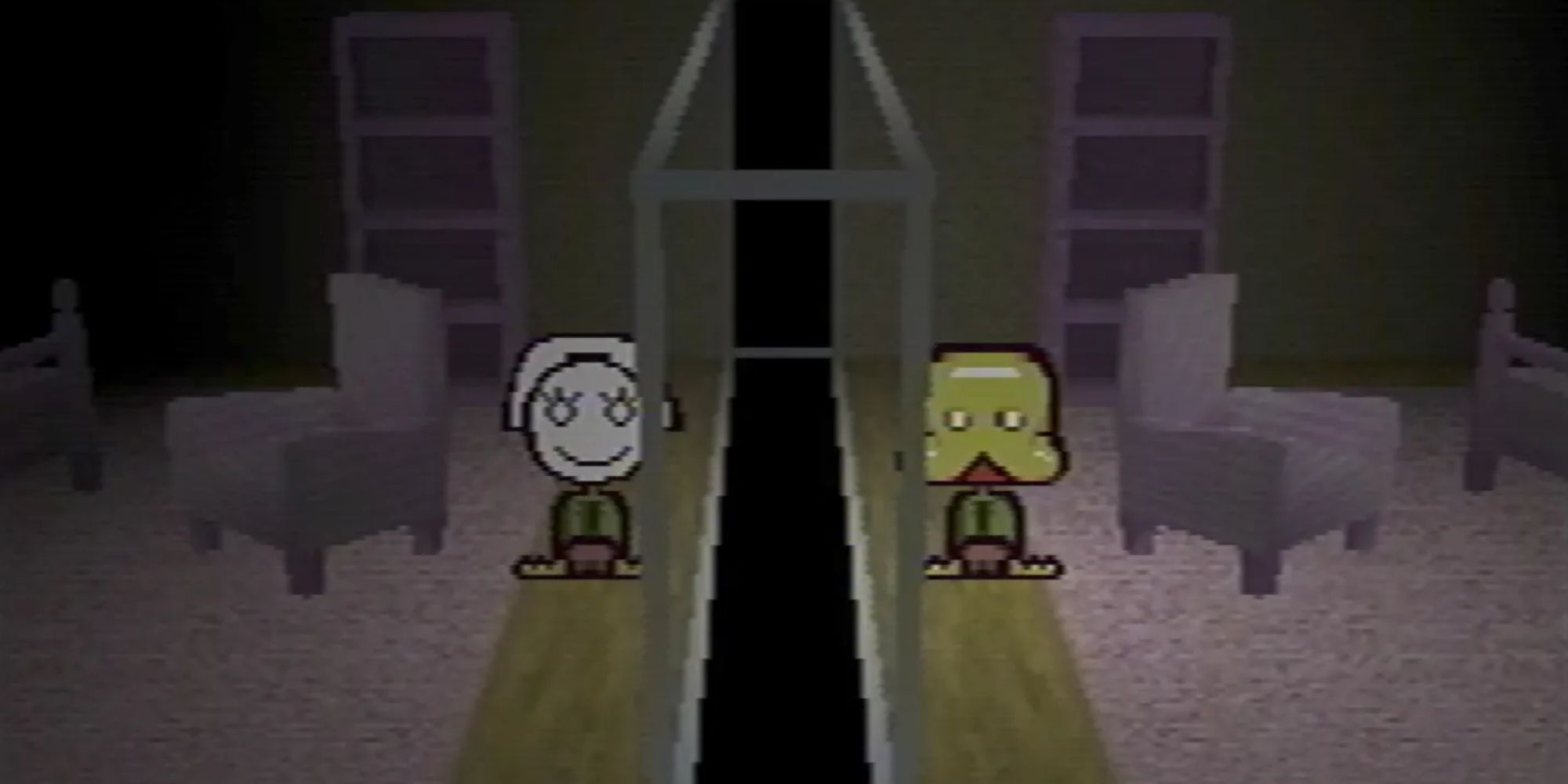 Paul playing Petscop and facing a mirrored character.