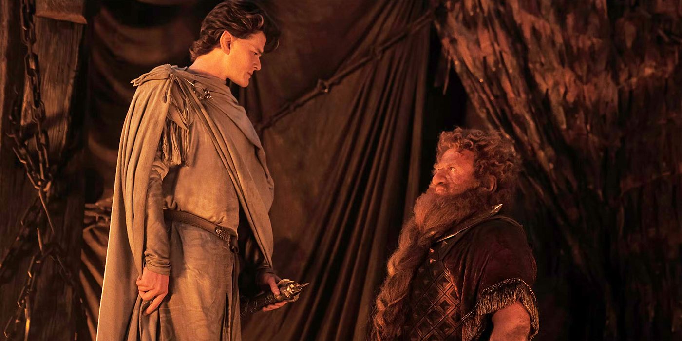 Robert Aramayo and Owain Arthur as Elrond and Durin in The Lord of the Rings: The Rings of Power