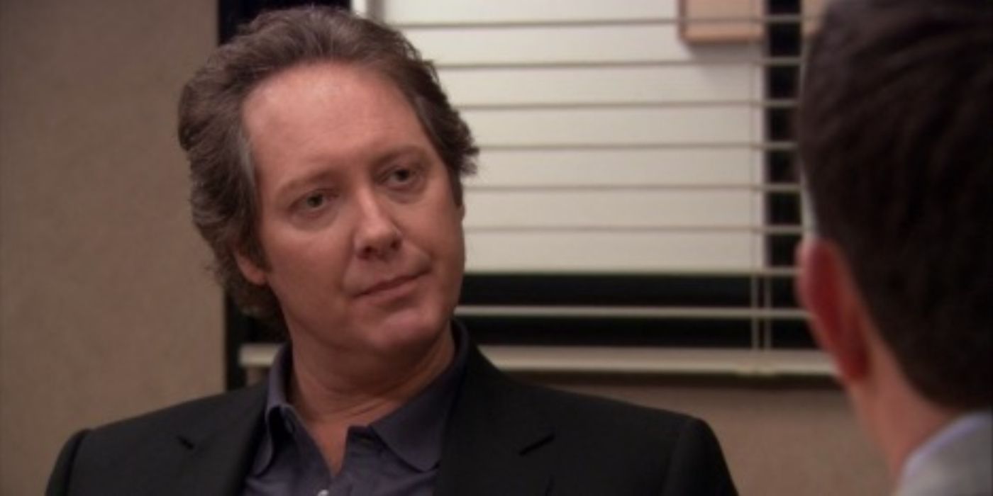 James Spader as Robert California sits talking to Michael Scott in The Office