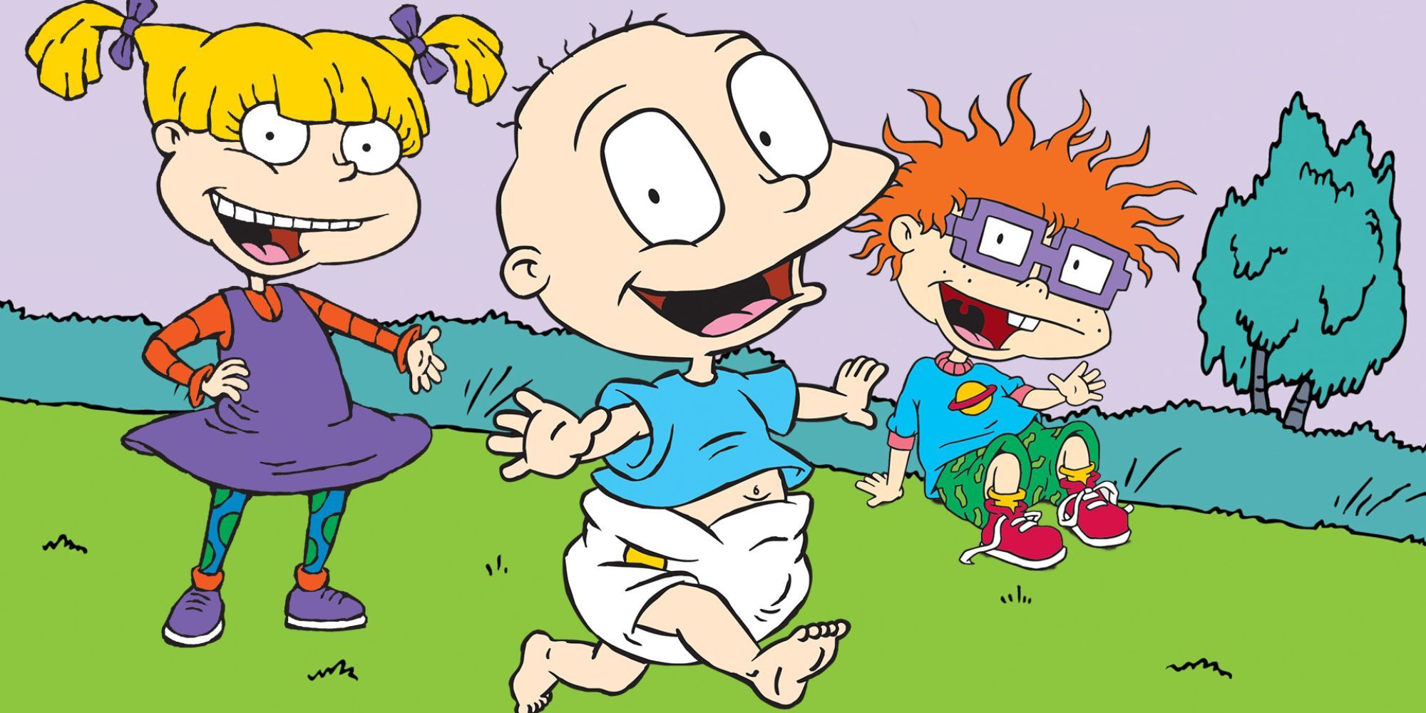 Angelica, Tommy, and Chuckie smiling in Rugrats.