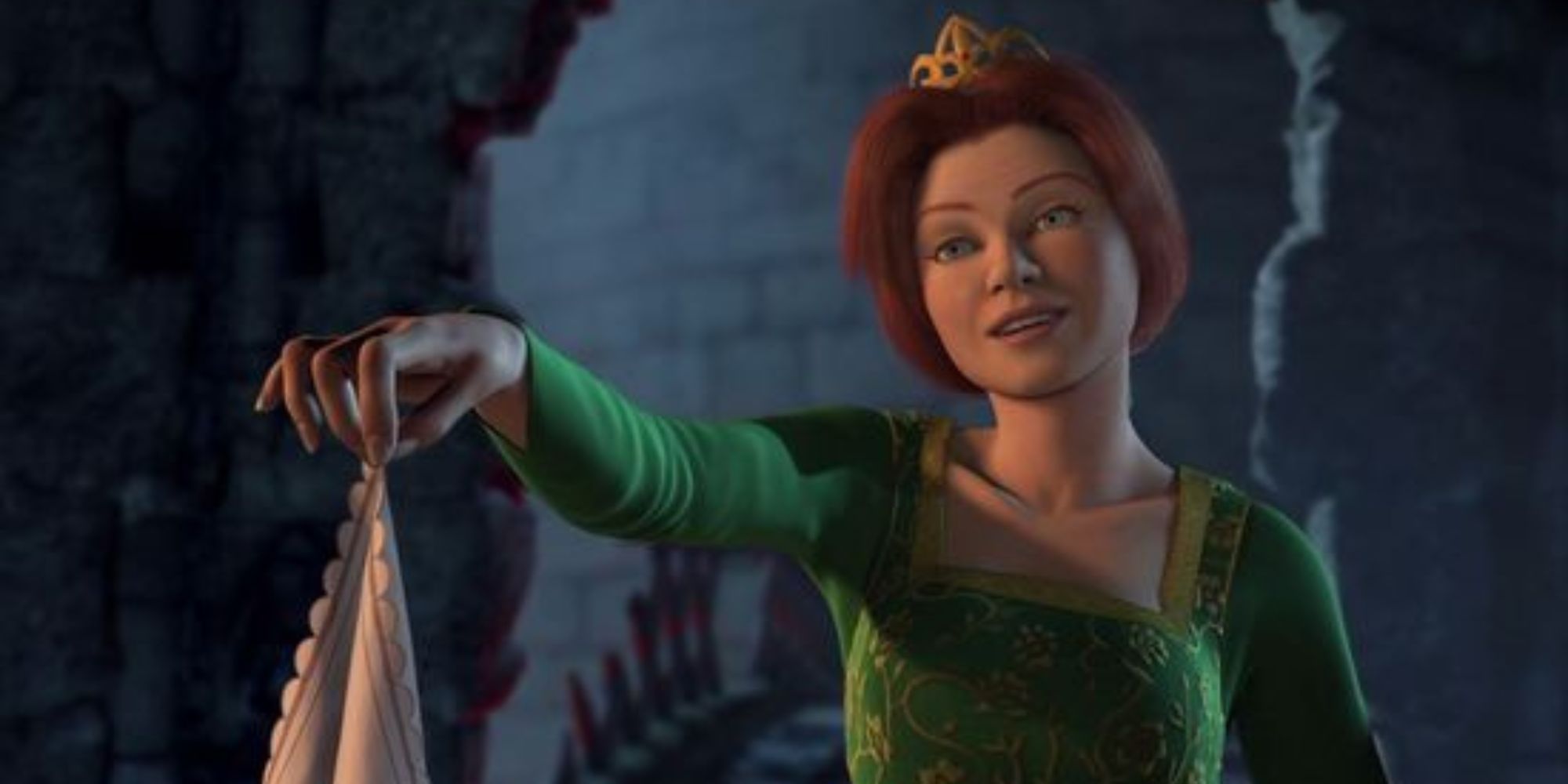 Shrek's Princess Fiona presenting her handkerchief towards Shrek