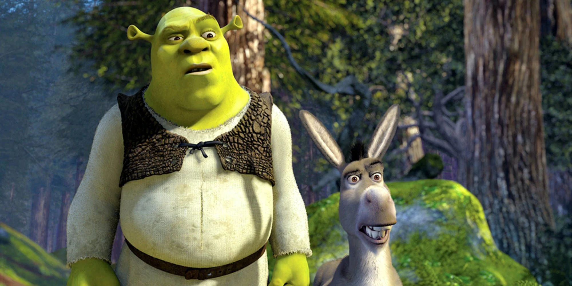 Mike Myers as Shrek and Eddie Murphy as Donkey looking confused from 'Shrek'