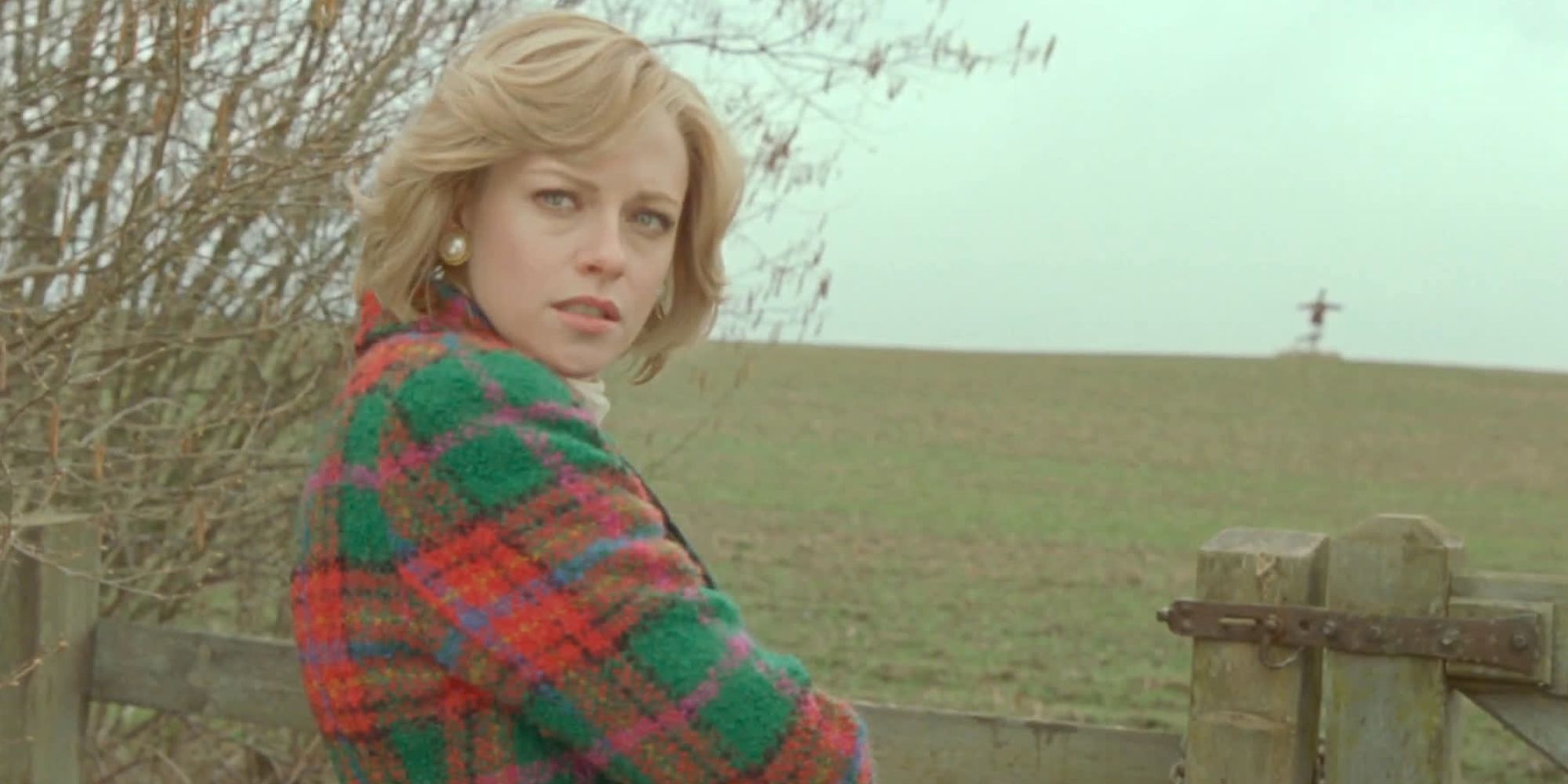 Princess Diana standing concerned in a field
