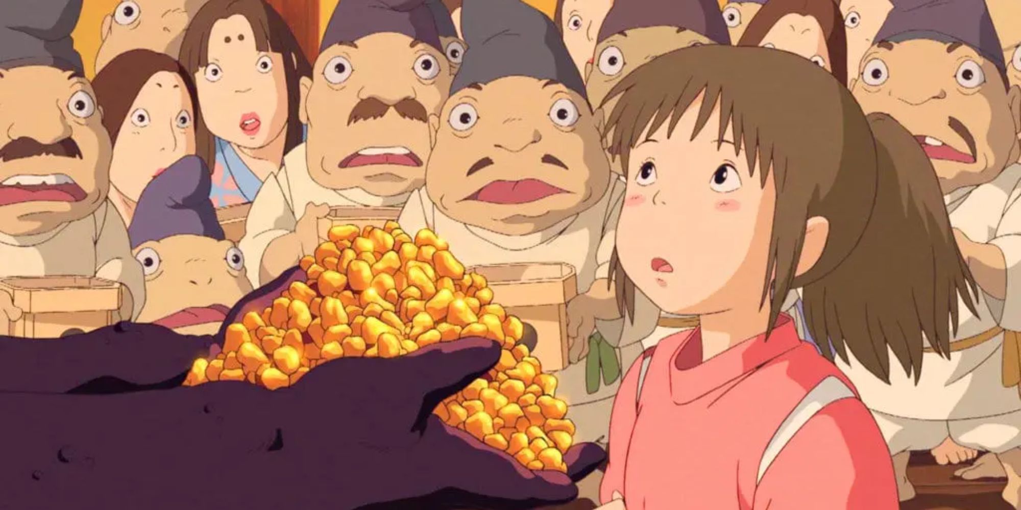 Chihiro is presented gold by the Stink Spirit as other spirits gape in awe in Spirited Away