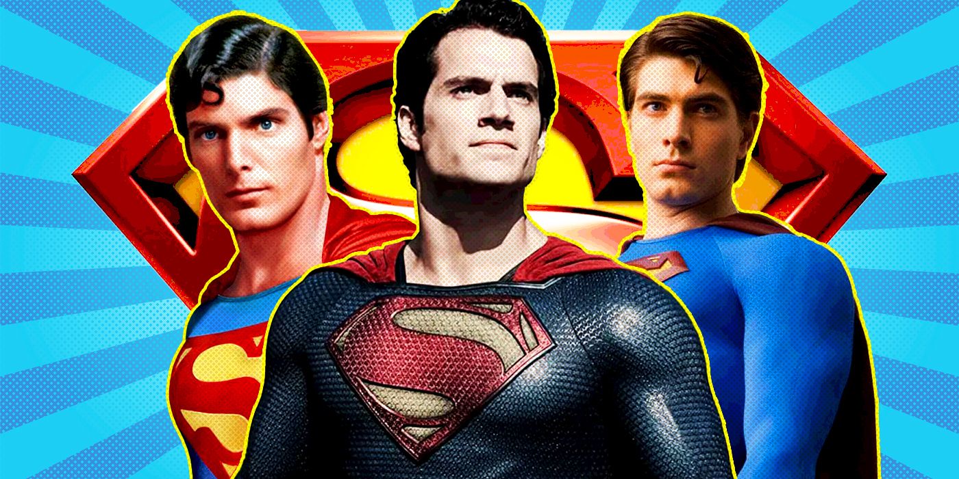 Blended image showing Christopher Reeve, Henry Cavill, and Brandon Routh as Superman.