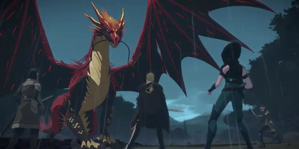 Rayla, Soren, and his men stand before the dragon, Pyrrah