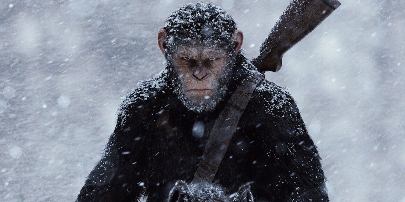 Caesar under the snow looking angry in War for the Planet Of The Apes.