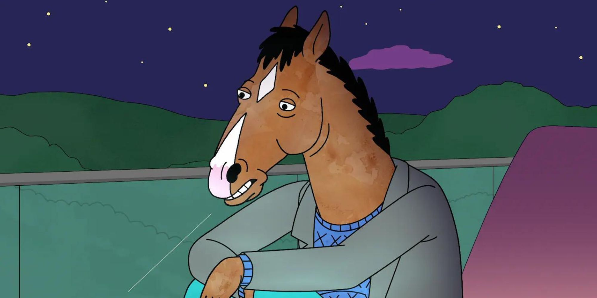 Bojack from Bojack Horseman sits sadly on his couch.