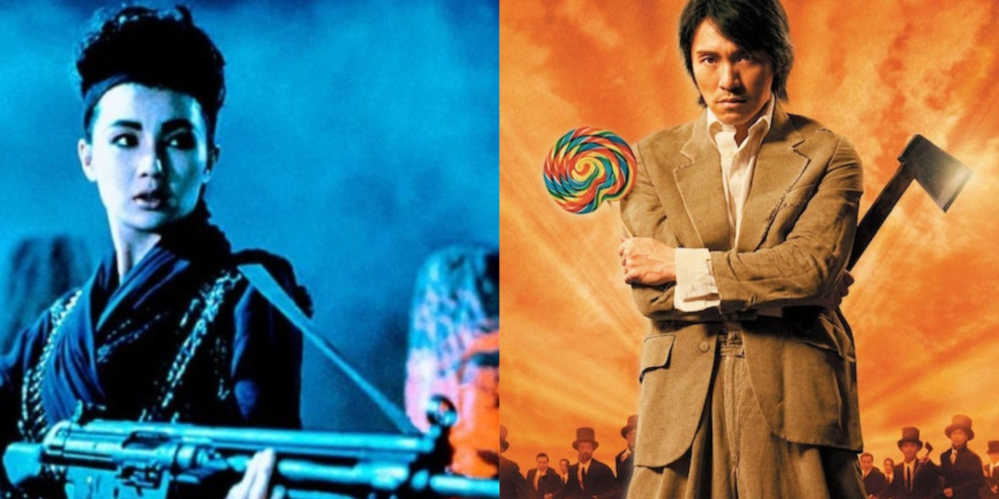 Still images of The Heroic Trio (1993) on the left and Kung Fu Hustle (2004) on the right