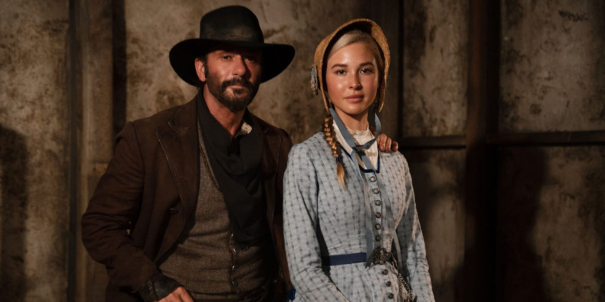 Isabel May as Elsa Dutton with Tim McGraw as James Dutton in 1883