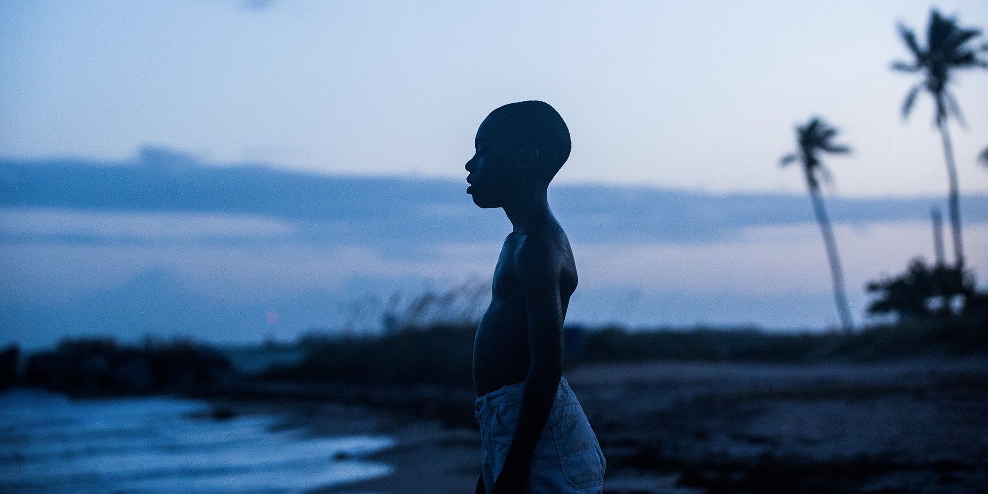 Jeune Chiron regardant au loin sur une plage dans 'Moonlight'