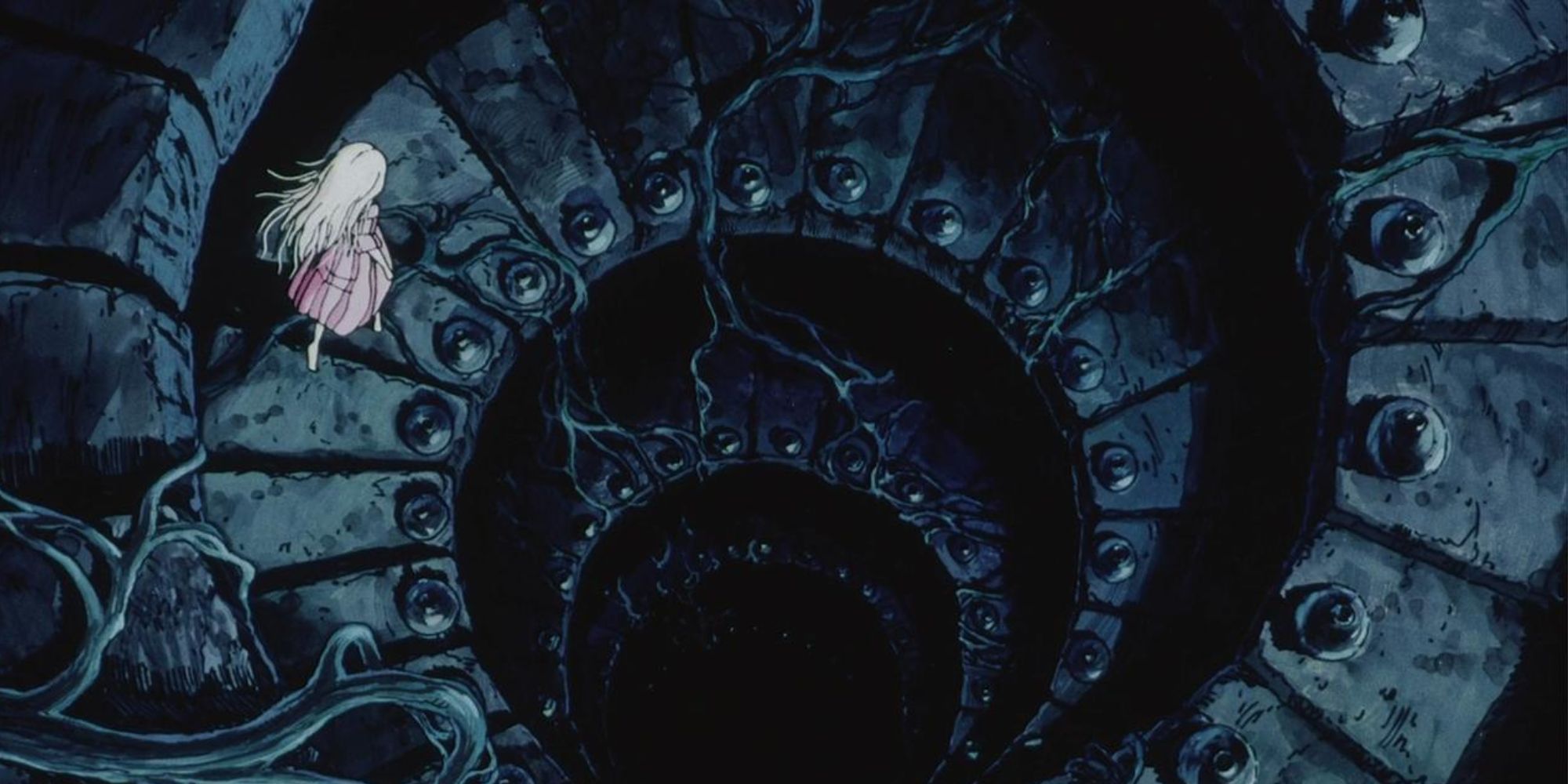A young woman descending a spiral staircase in Angel&rsquo;s Egg