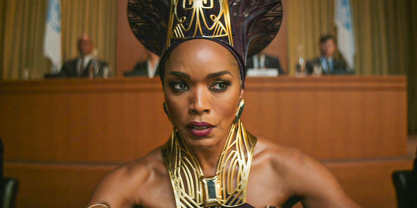 Queen Ramonda giving a speech at the UN in Black Panther: Wakanda Forever.
