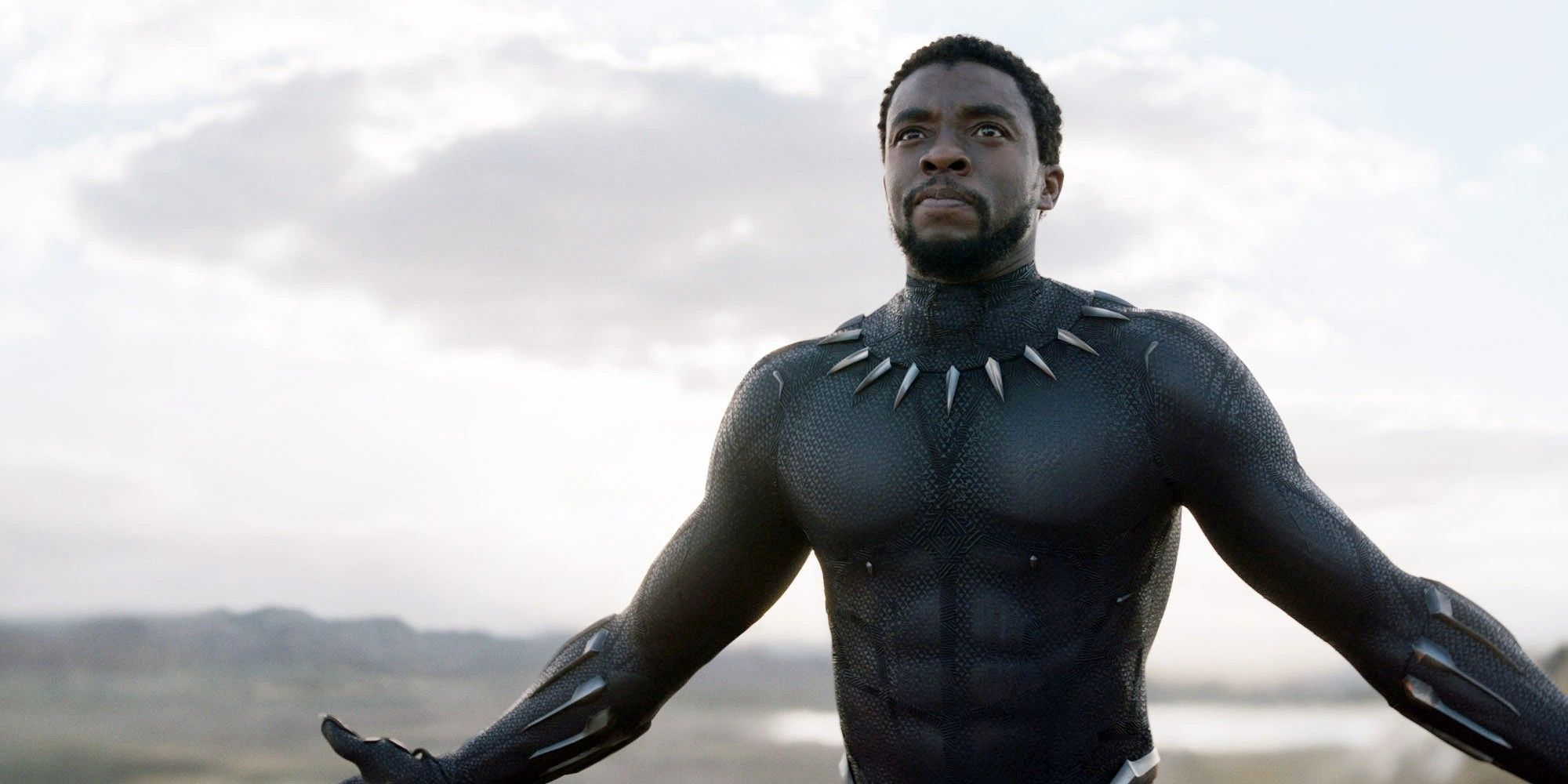 T'Challa spreading his arms and looking to the distance in Black Panther.