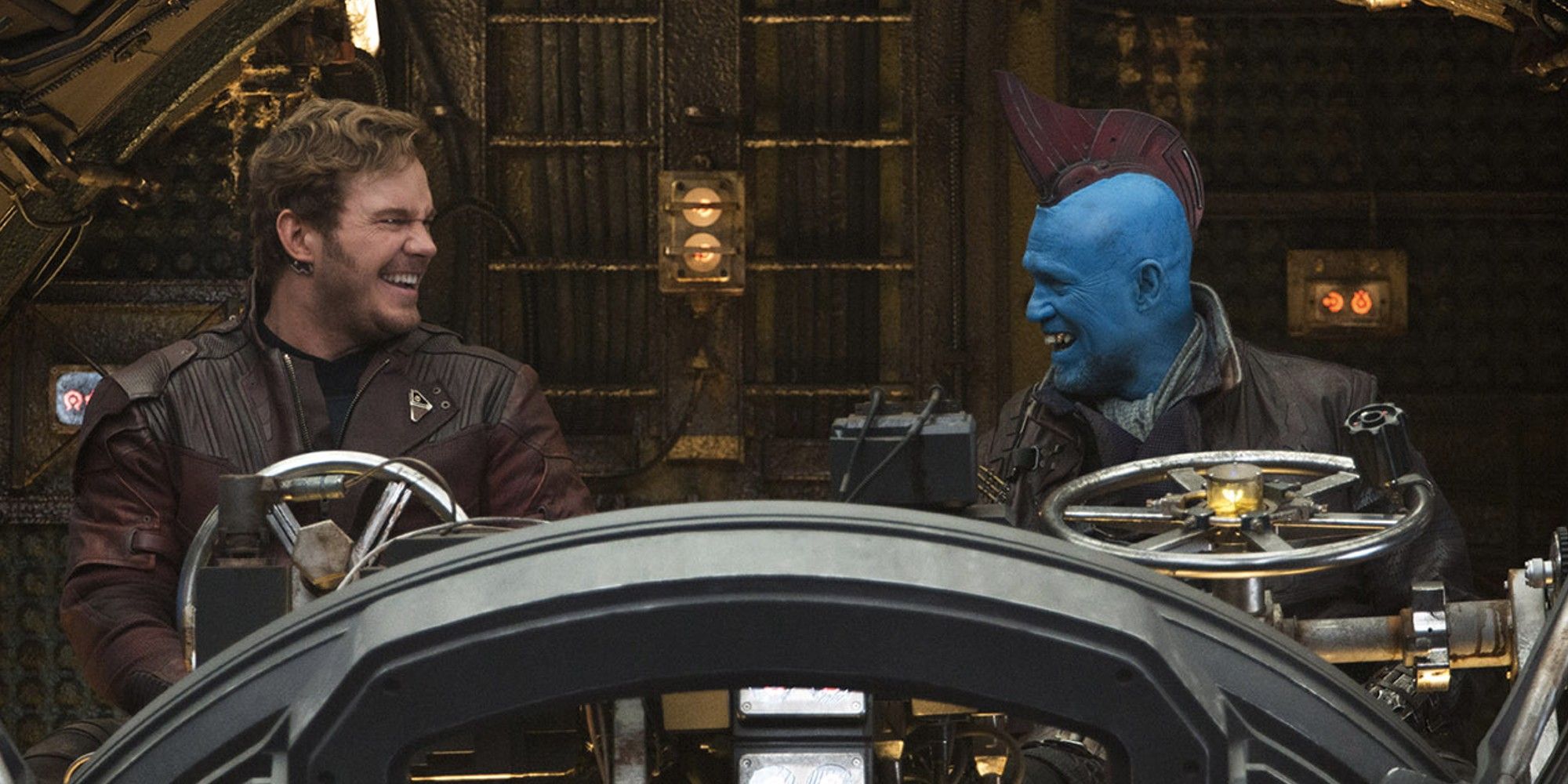 Chris Pratt and Michael Rooker as Peter Quill and Yondu on a ship in 'Guardians of the Galaxy 2'