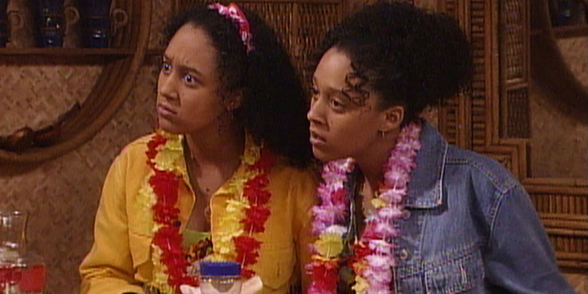 Tia and Tamera with leis looking confused in Sister, Sister