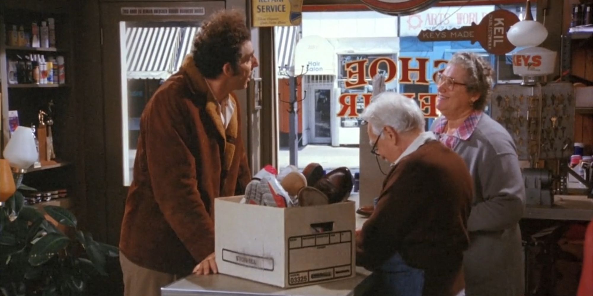 Kramer walks into the shoe-repair shop to save it on Thanksgiving